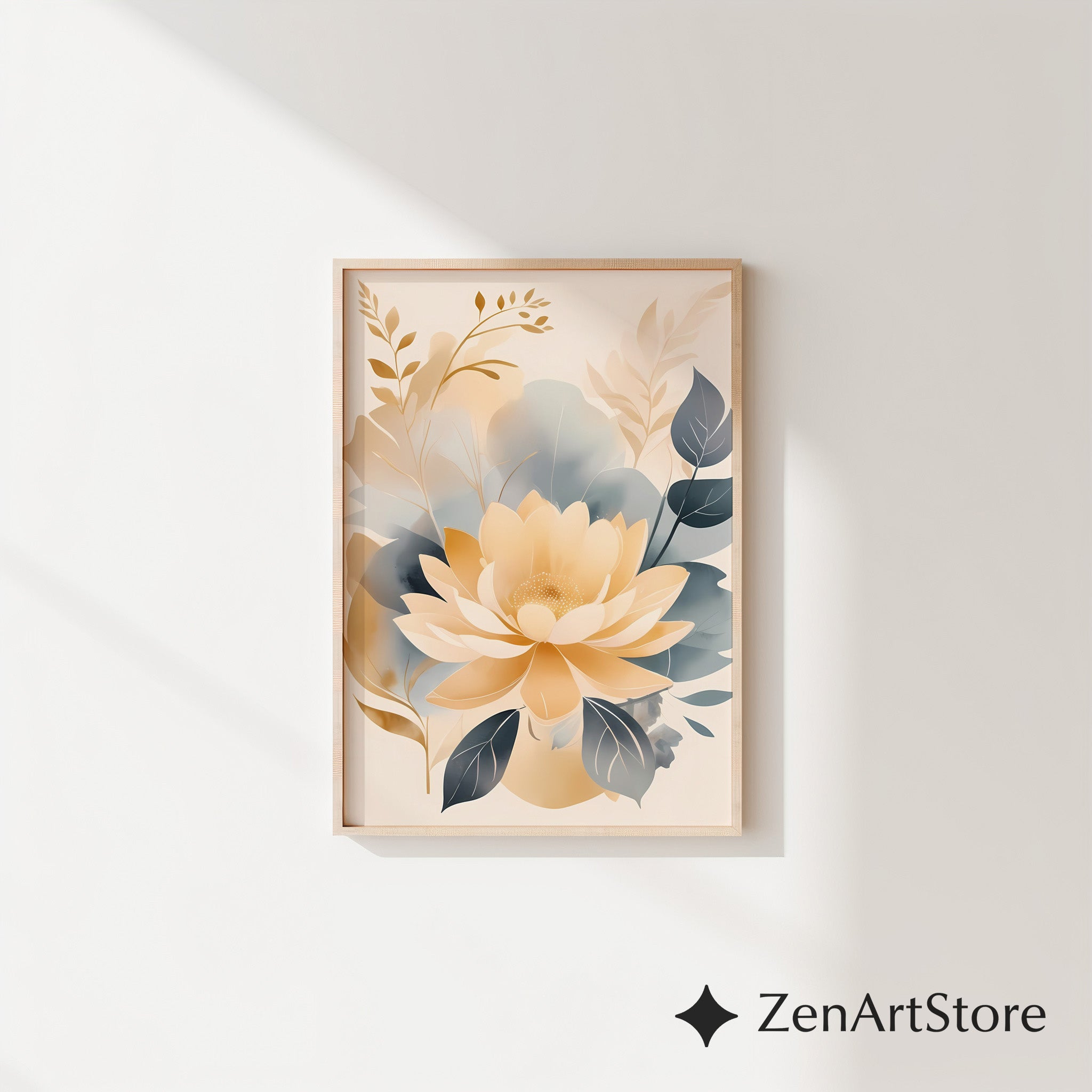Beige Gold Floral Wall Art Print - Minimal Neutral Botanical Decor for Japandi, Scandinavian Living Room & Bedroom