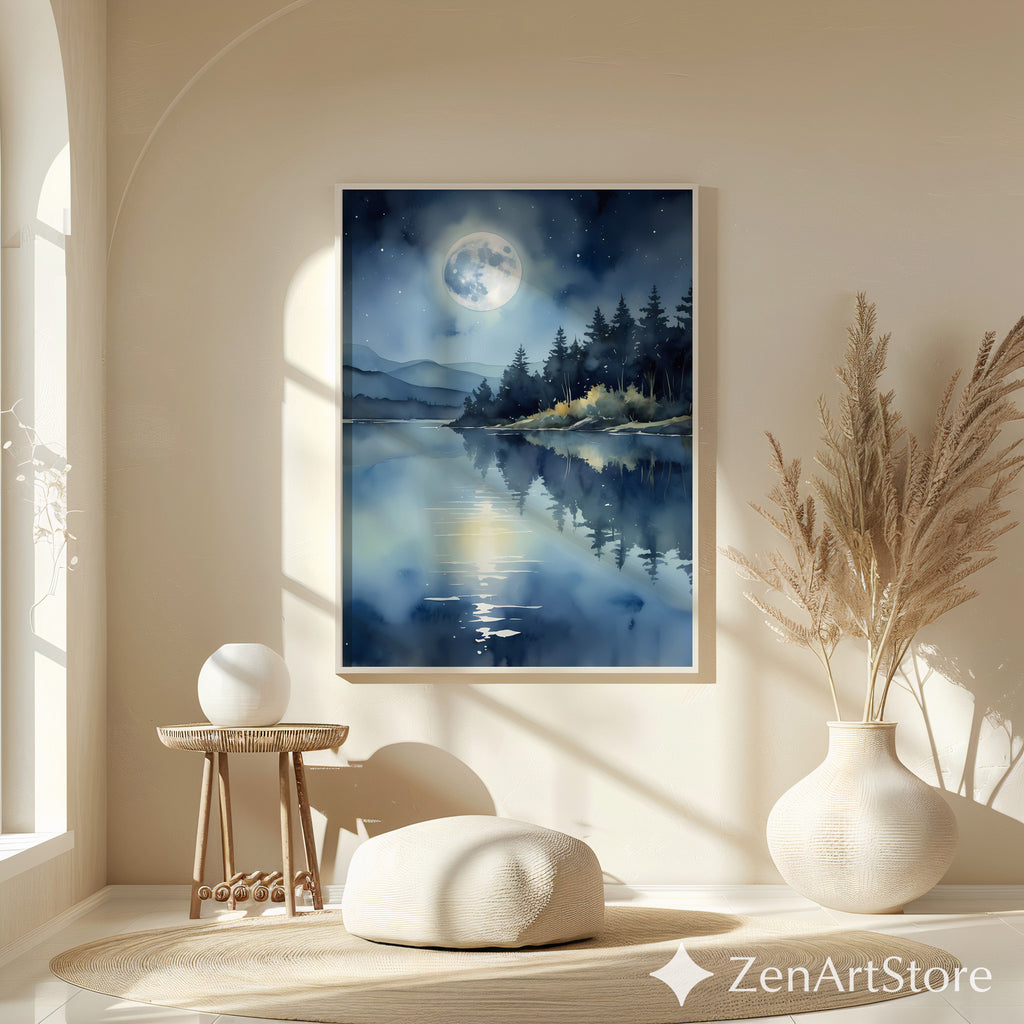 Moonlight Lake Wall Art - Serene Blue Night Landscape Print, Minimal Zen Moon Reflection for Bedroom Living Room Decor