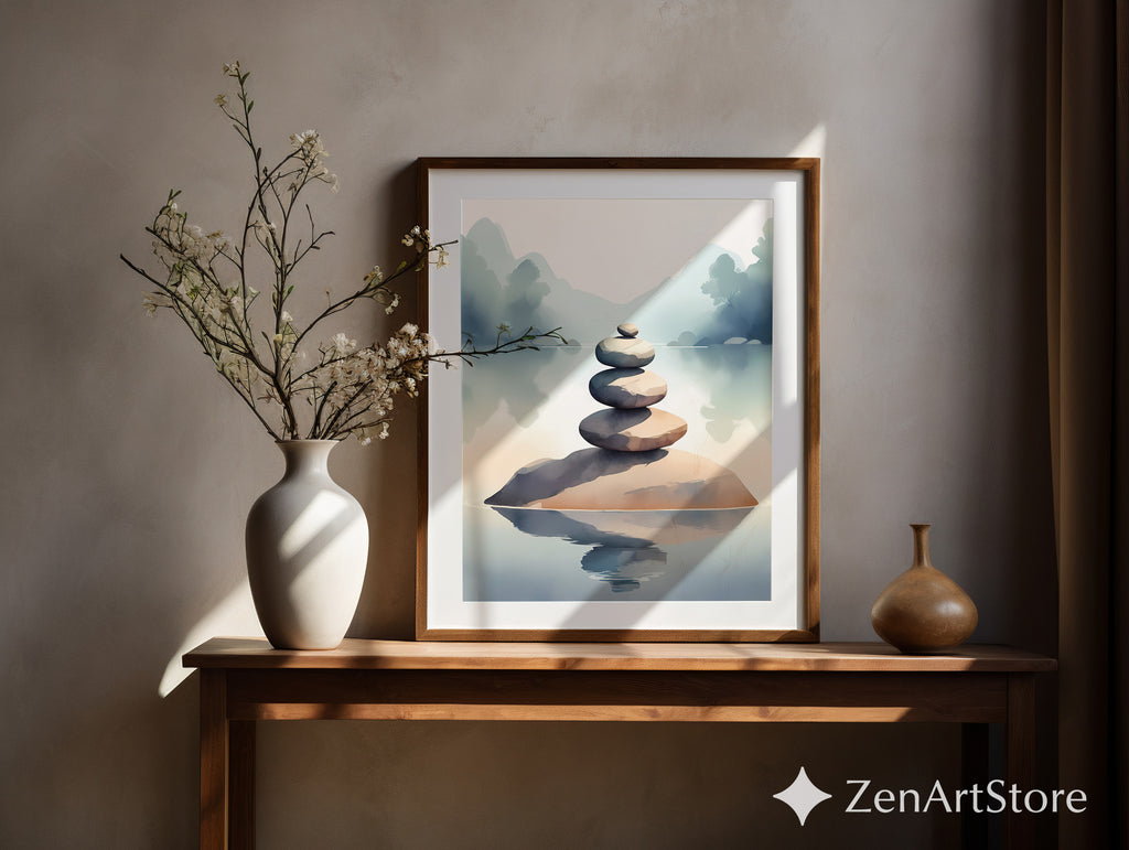 Zen Stacked Stones Lake Art Print - Minimal Japandi Wall Decor, Calm Neutral Landscape for Home & Spa