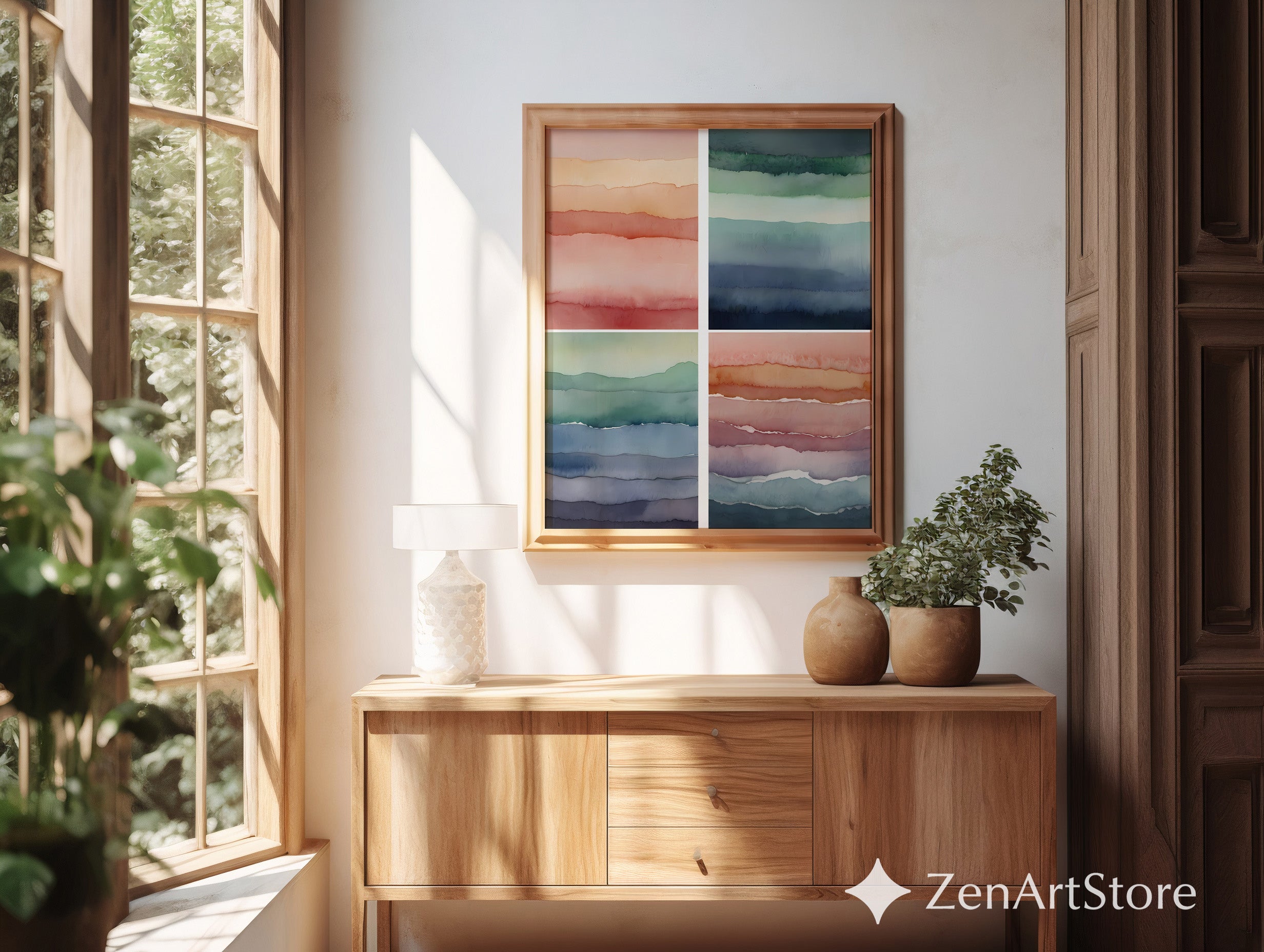 Abstract Watercolor Wall Art Set of 4 – Minimal Layered Landscapes, Neutral Japandi Boho Prints for Living Room & Bedroom, Printable Digital Download