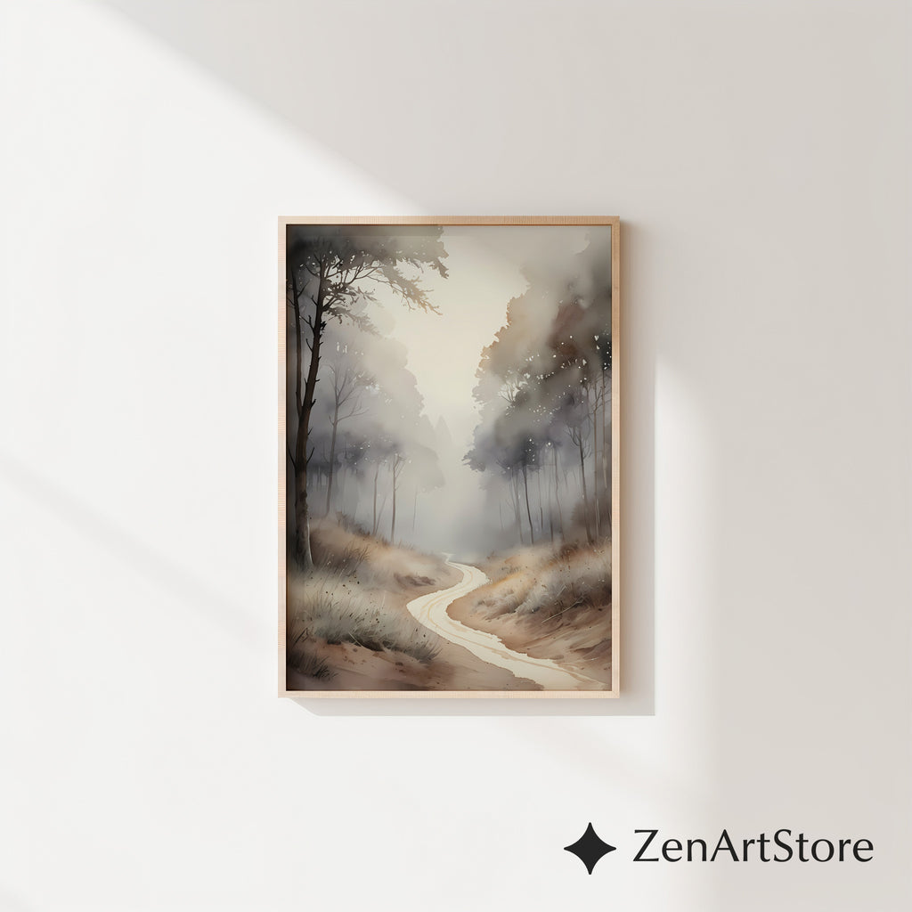 Misty Forest Path Neutral Wall Art Print - Japandi Wabi-Sabi Minimal Landscape for Living Room, Bedroom, Office