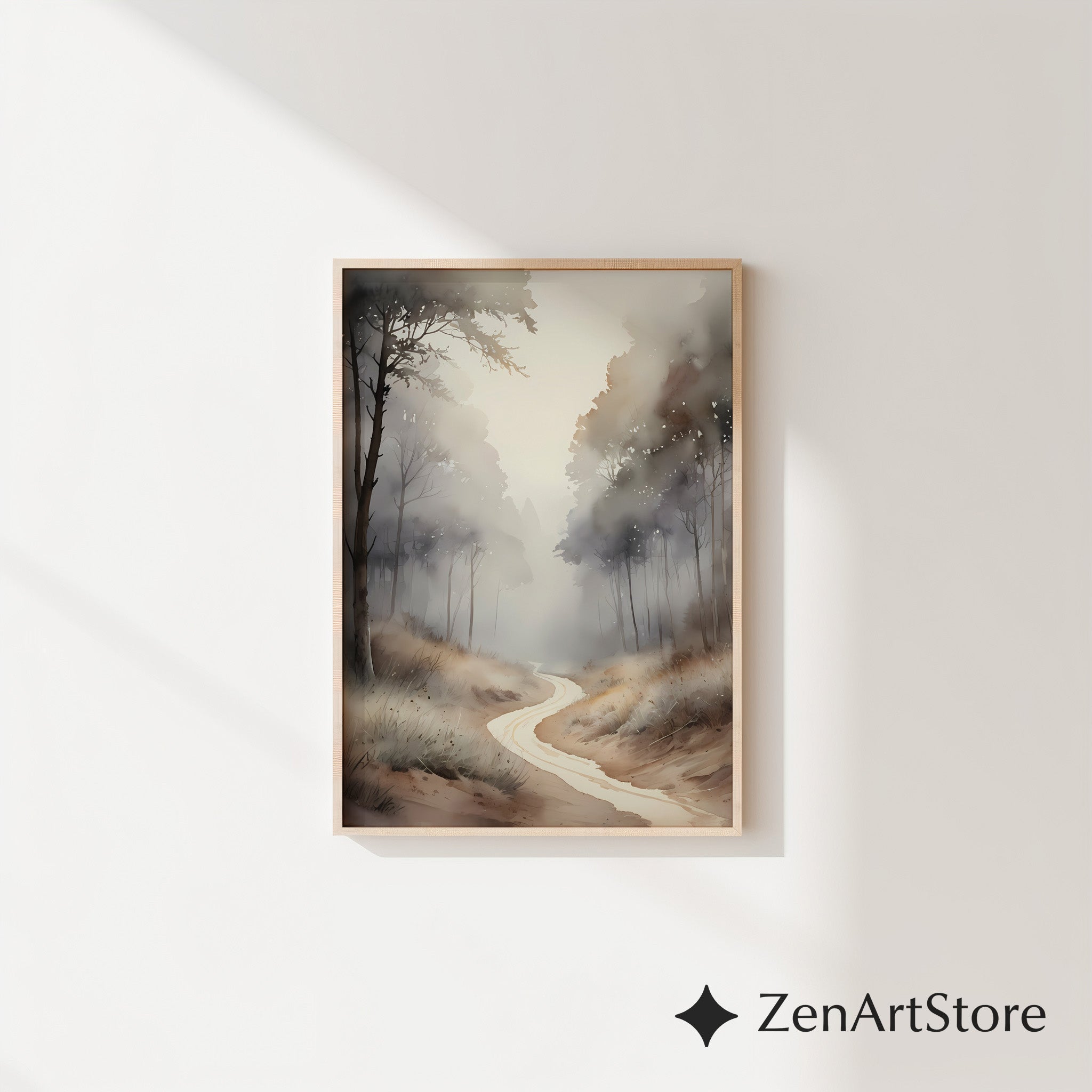 Misty Forest Path Neutral Wall Art Print - Japandi Wabi-Sabi Minimal Landscape for Living Room, Bedroom, Office