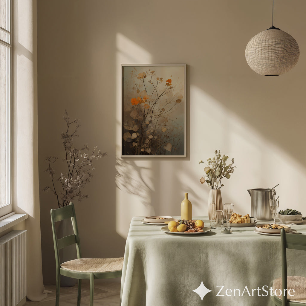 Neutral Botanical Wall Art with Orange Accent – Minimal Abstract Floral Print for Japandi, Wabi Sabi & Scandinavian Home Decor