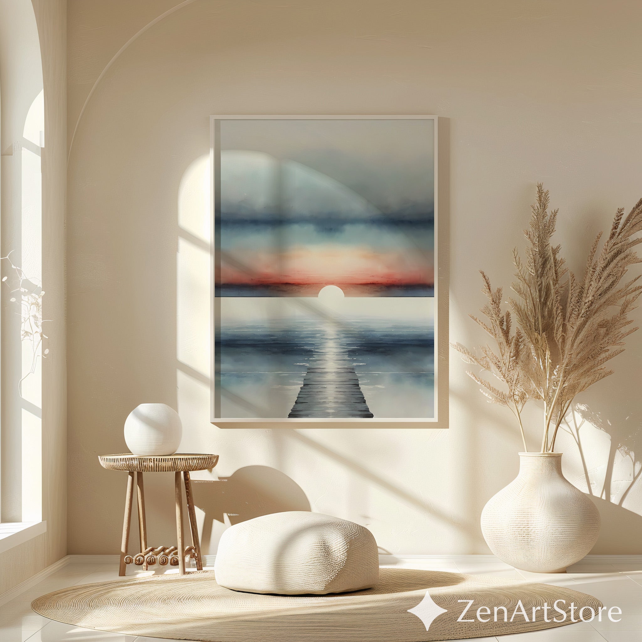 Serene Sunrise Seascape Print - Minimal Coastal Wall Art, Pier Horizon, Modern Japandi Zen Living Room Decor