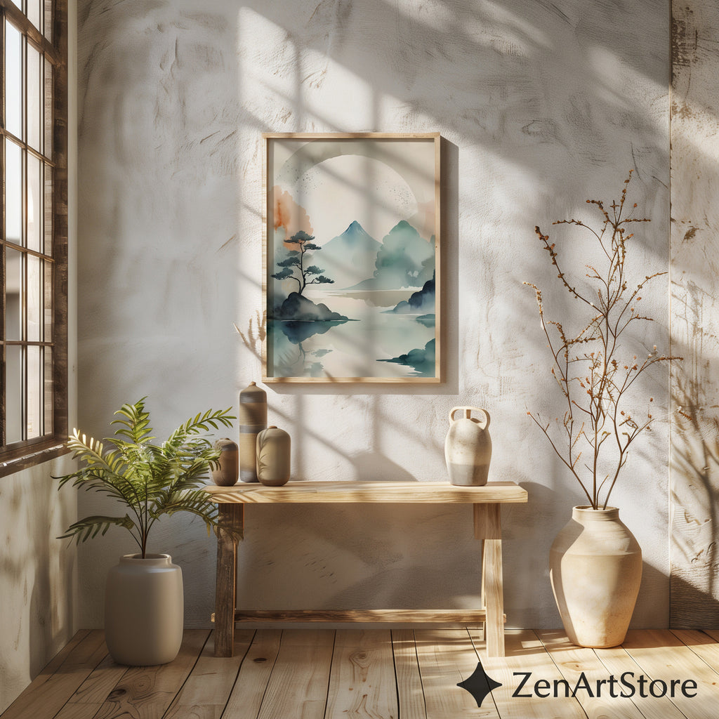 Japandi Watercolor Mountain Print - Zen Minimal Landscape Wall Art, Neutral Beige Teal Abstract for Living Room & Bedroom