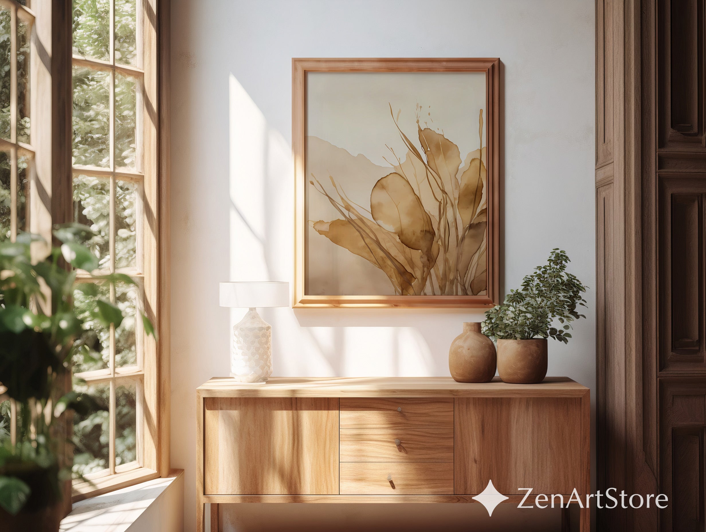 Neutral Botanical Wall Art Print - Beige Abstract Leaves Watercolor, Japandi Minimal Home Decor, Wabi Sabi Boho Poster