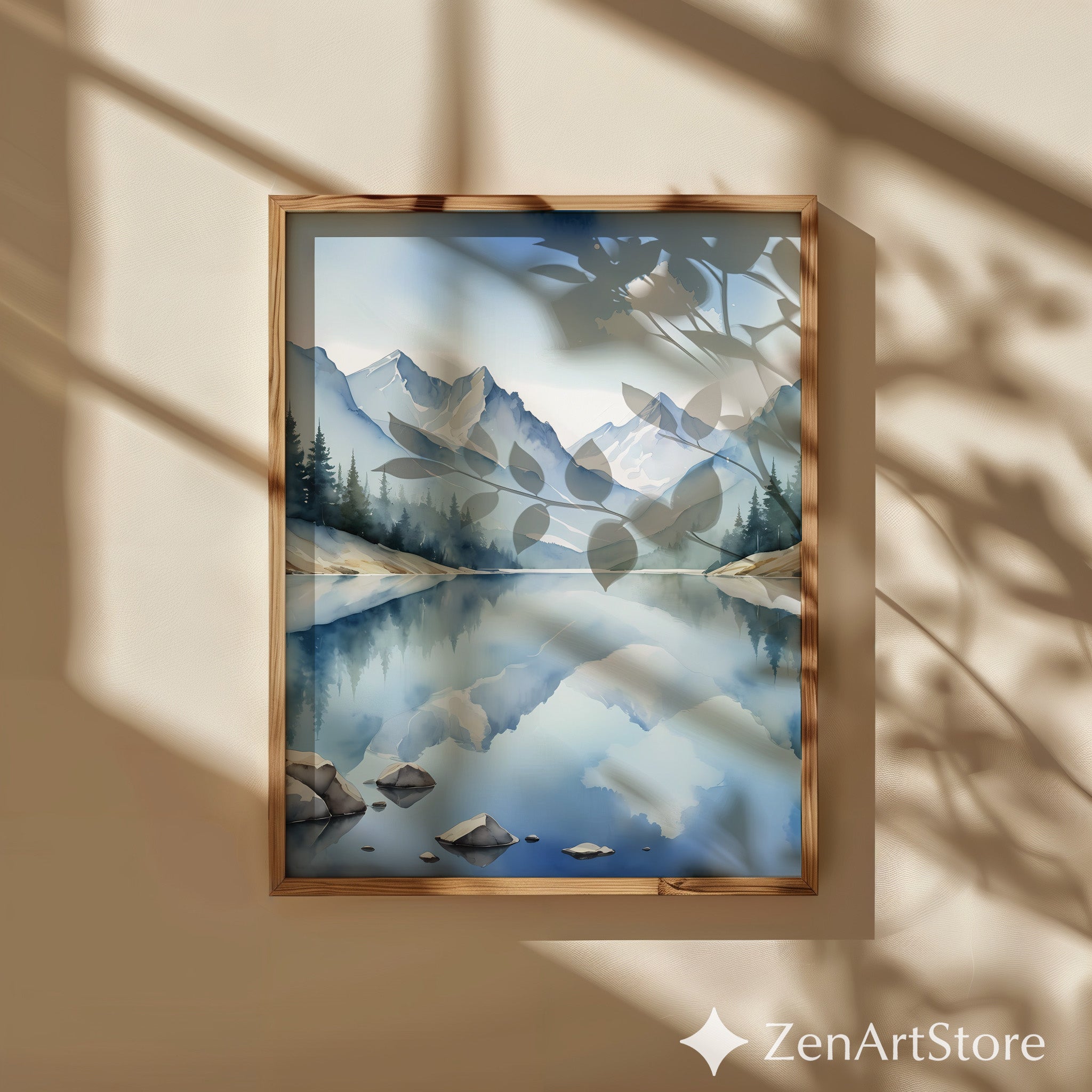 Watercolor Mountain Lake Print - Serene Blue Landscape Wall Art for Scandinavian Japandi Minimalist Home Decor