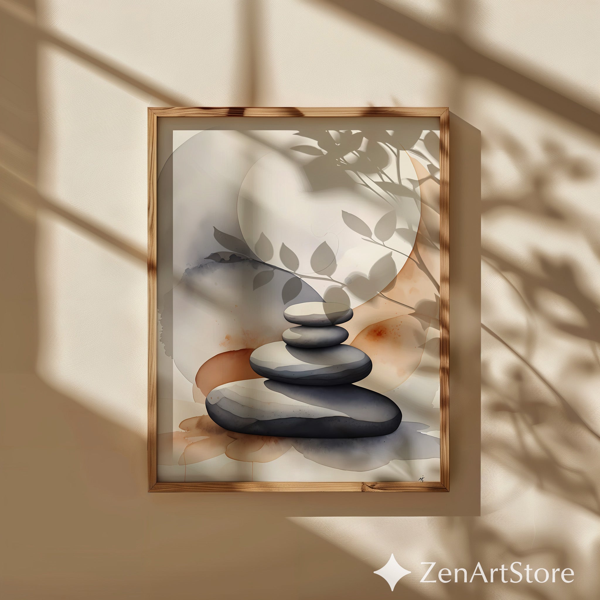 Zen Stacked Stones Print - Neutral Watercolor Minimal Art, Japandi Scandi Calm Wall Decor for Living Room Bedroom Spa