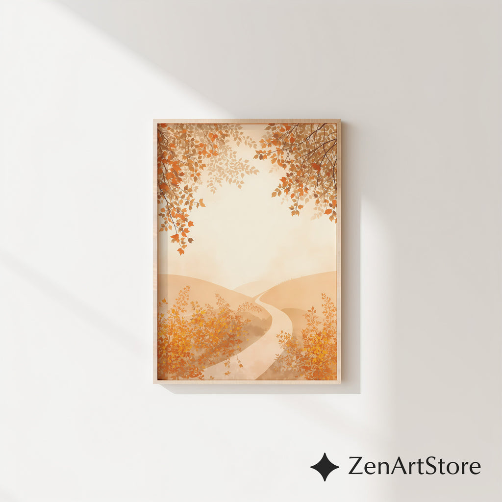 Autumn Pathway Neutral Wall Art - Minimal Beige Landscape Print for Japandi & Scandinavian Home Decor