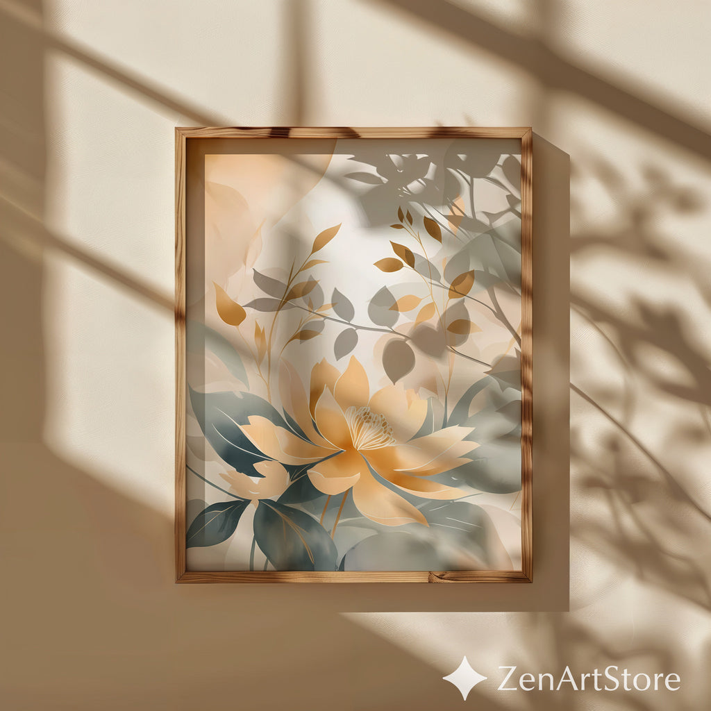 Golden Lotus Botanical Wall Art - Neutral Beige & Sage Floral Print, Japandi Minimalist Abstract Flower Poster