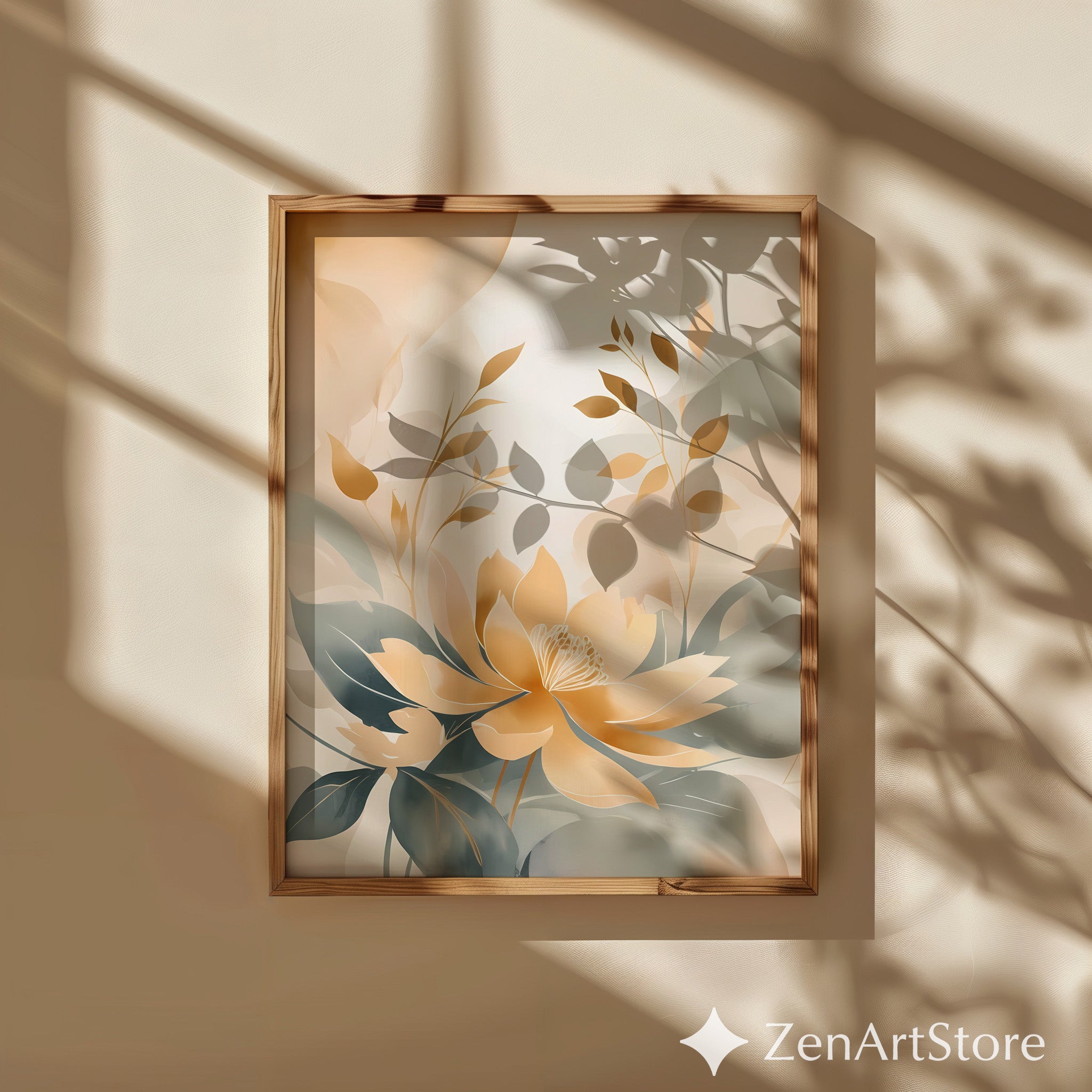 Golden Lotus Botanical Wall Art - Neutral Beige & Sage Floral Print, Japandi Minimalist Abstract Flower Poster