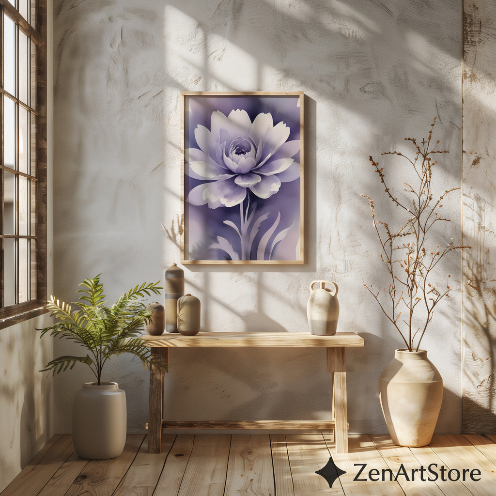 Lavender Floral Wall Art - Calming Purple Peony Print for Bedroom & Living Room - Minimal Zen Botanical Canvas, Japandi Decor
