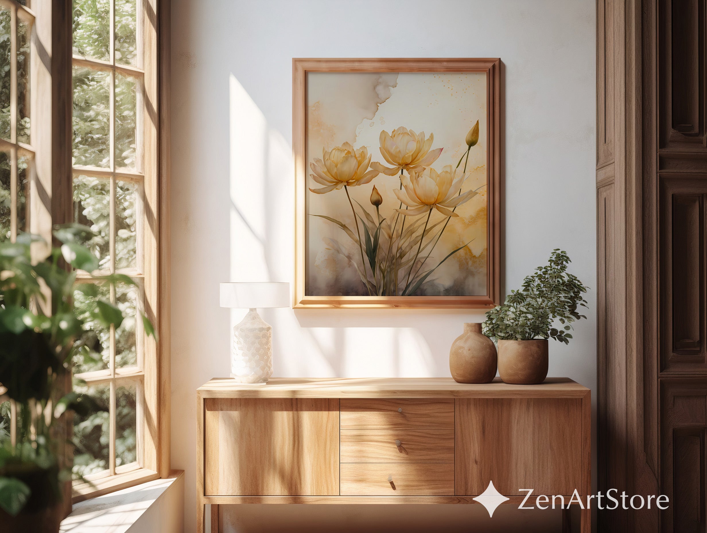 Golden Beige Floral Wall Art - Minimal Botanical Watercolor Print, Zen Japandi Neutral Home Decor