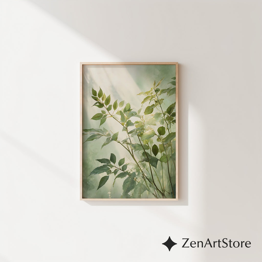 Serene Green Botanical Art Print - Minimal Leaf Wall Art, Japandi Wabi Sabi Neutral Home Decor