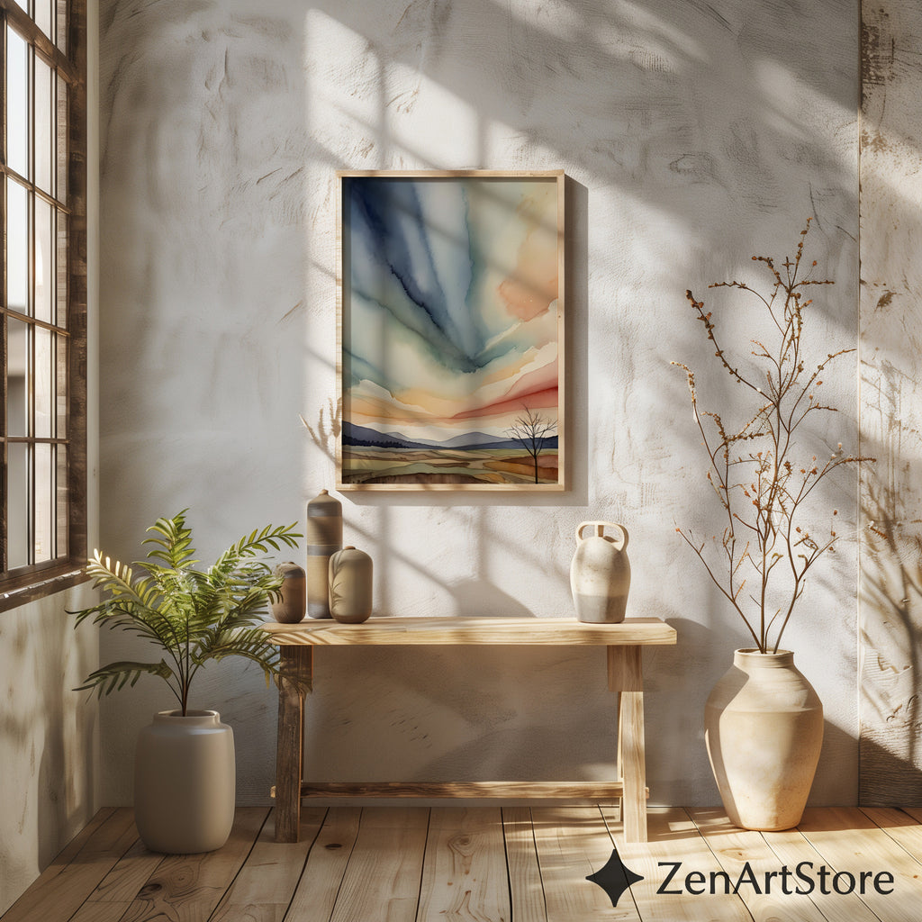 Abstract Zen Landscape Watercolor Print - Minimal Japandi Wall Art, Neutral Sky & Hills for Living Room
