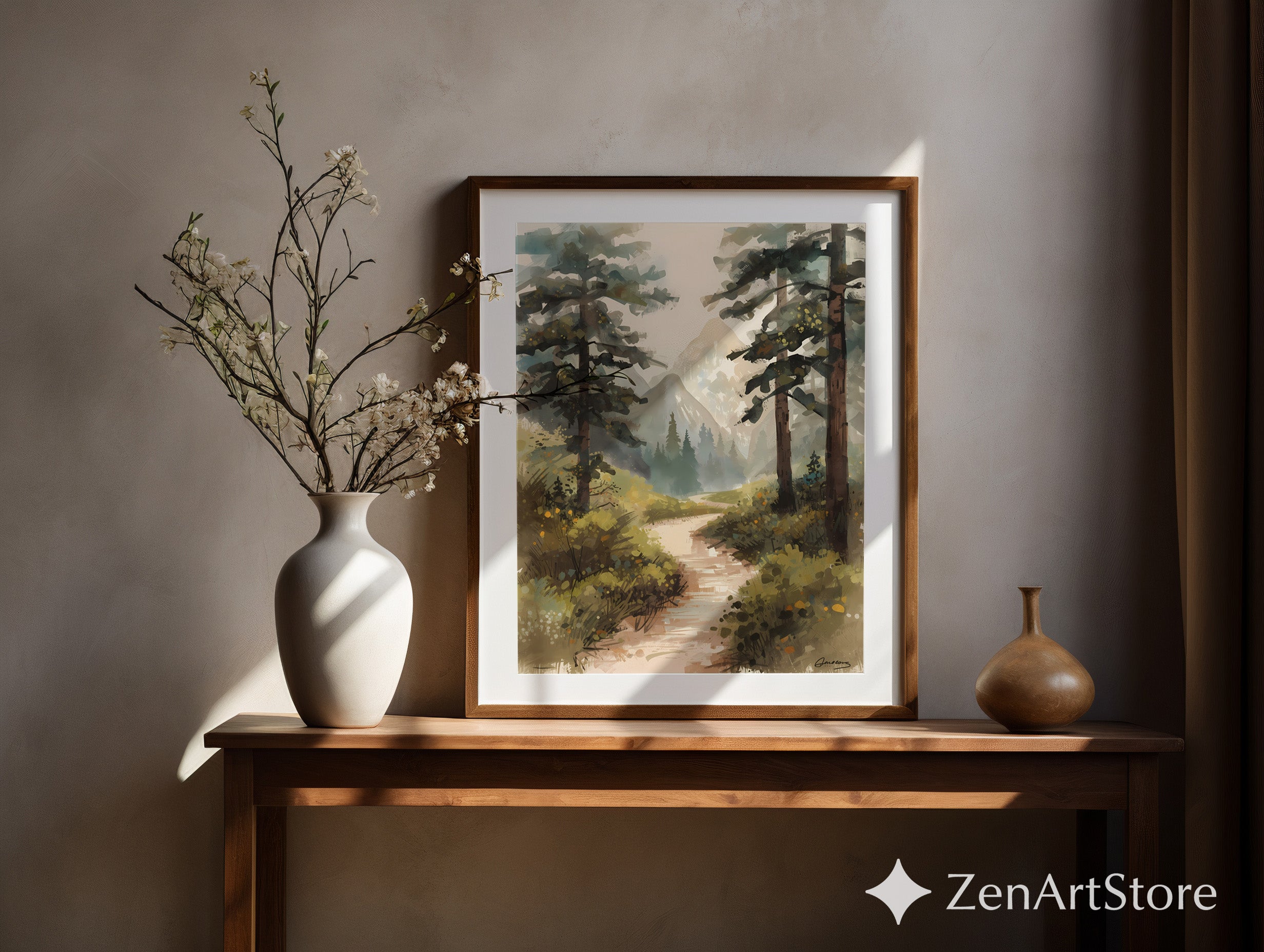 Misty Mountain Path Landscape Art Print - Calm Neutral Forest Painting for Living Room, Bedroom or Cabin Decor