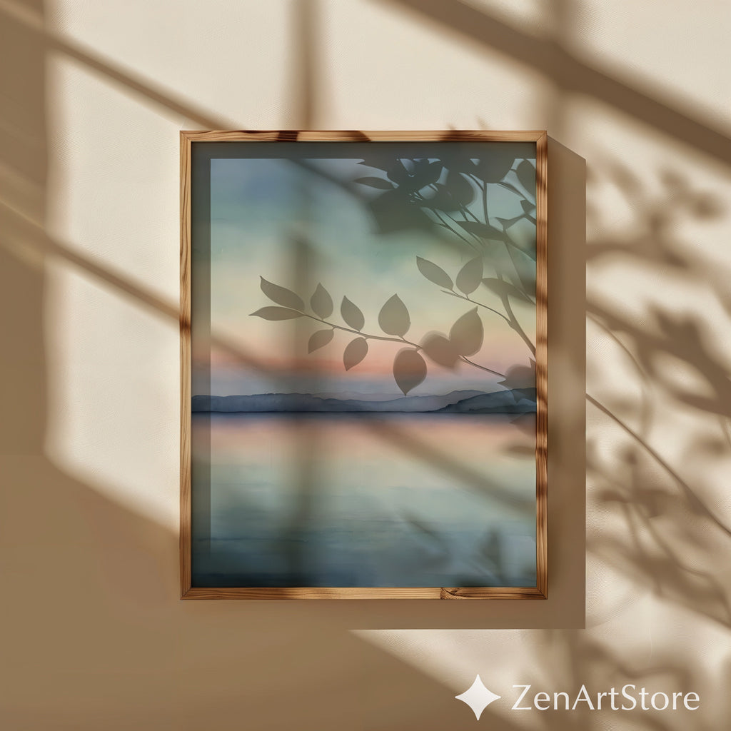 Serene Pastel Lake Sunset Minimal Landscape Art Print - Calm Japandi Wall Decor