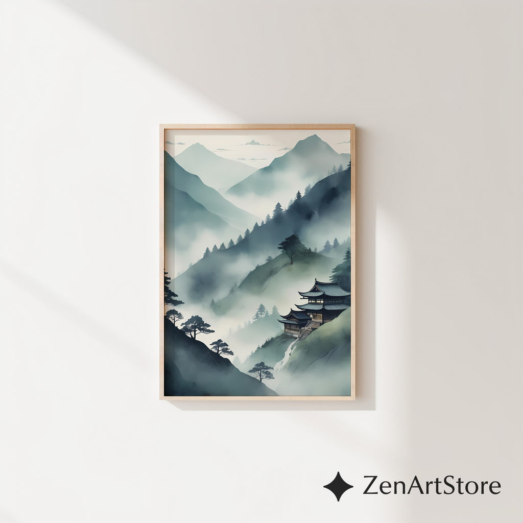 Misty Mountain Temple Wall Art - Zen Japandi Japanese Landscape Print - Minimal Wabi Sabi Home Decor
