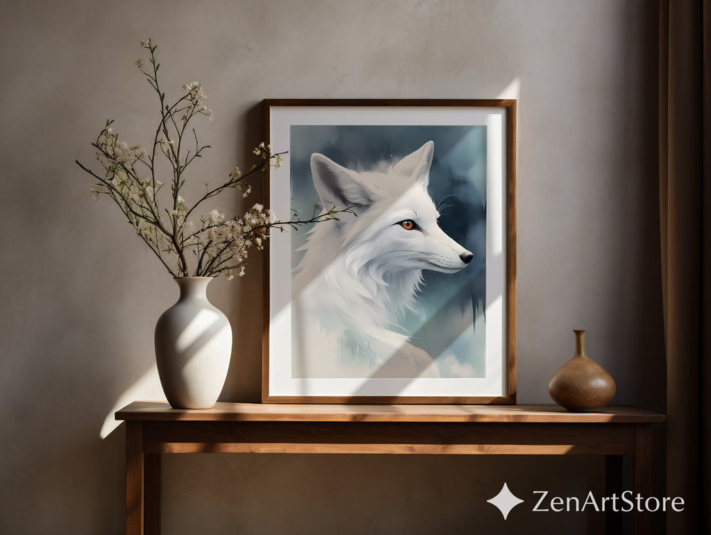 White Fox Wall Art - Minimal Arctic Fox Print, Scandinavian Zen Animal Portrait for Modern Home Decor