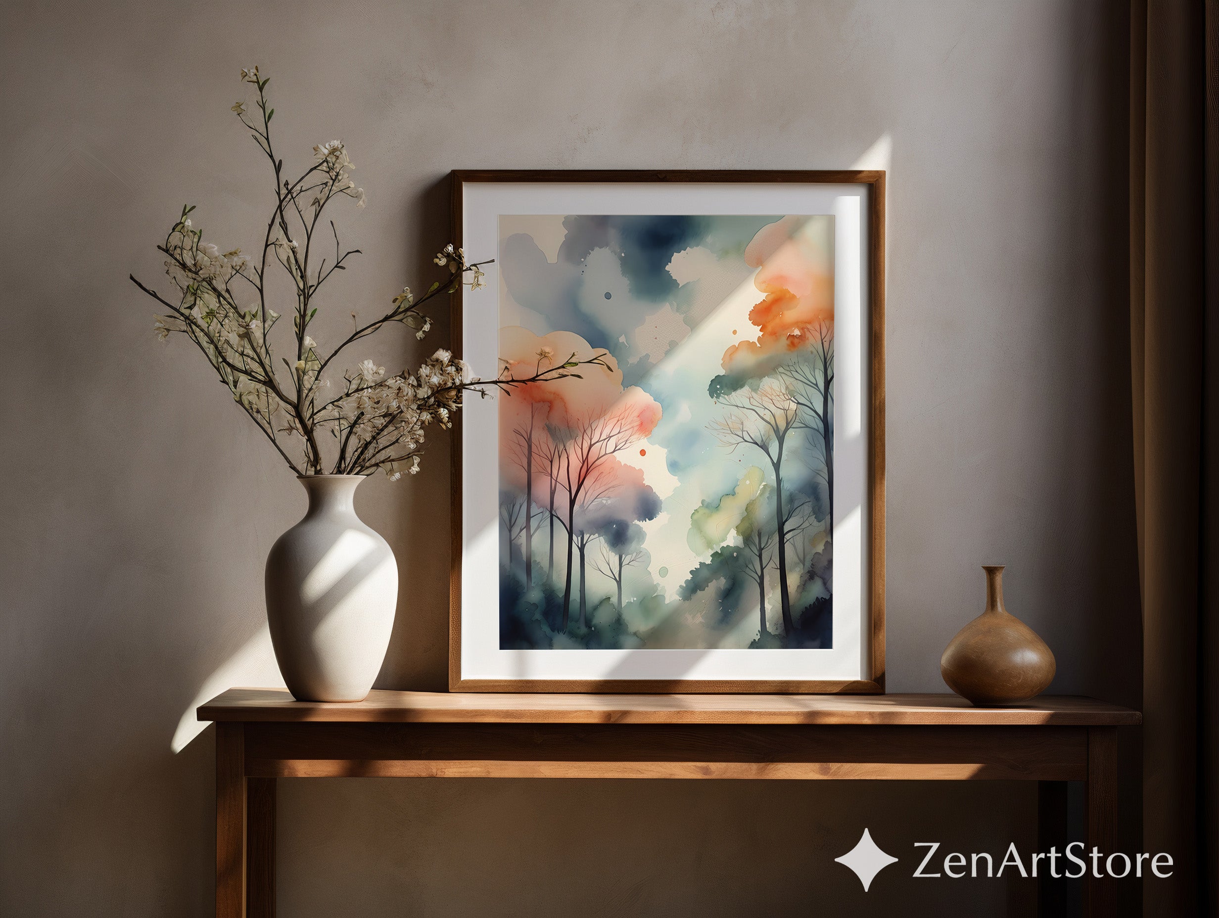 Misty Watercolor Forest Print — Pastel Abstract Trees Wall Art for Living Room, Bedroom, Nursery (Zen Japandi Minimal)