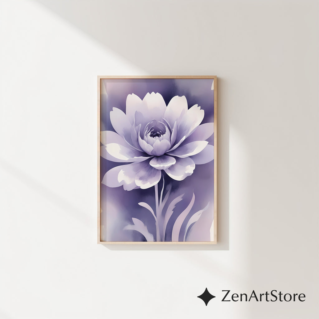 Lavender Floral Wall Art - Calming Purple Peony Print for Bedroom & Living Room - Minimal Zen Botanical Canvas, Japandi Decor