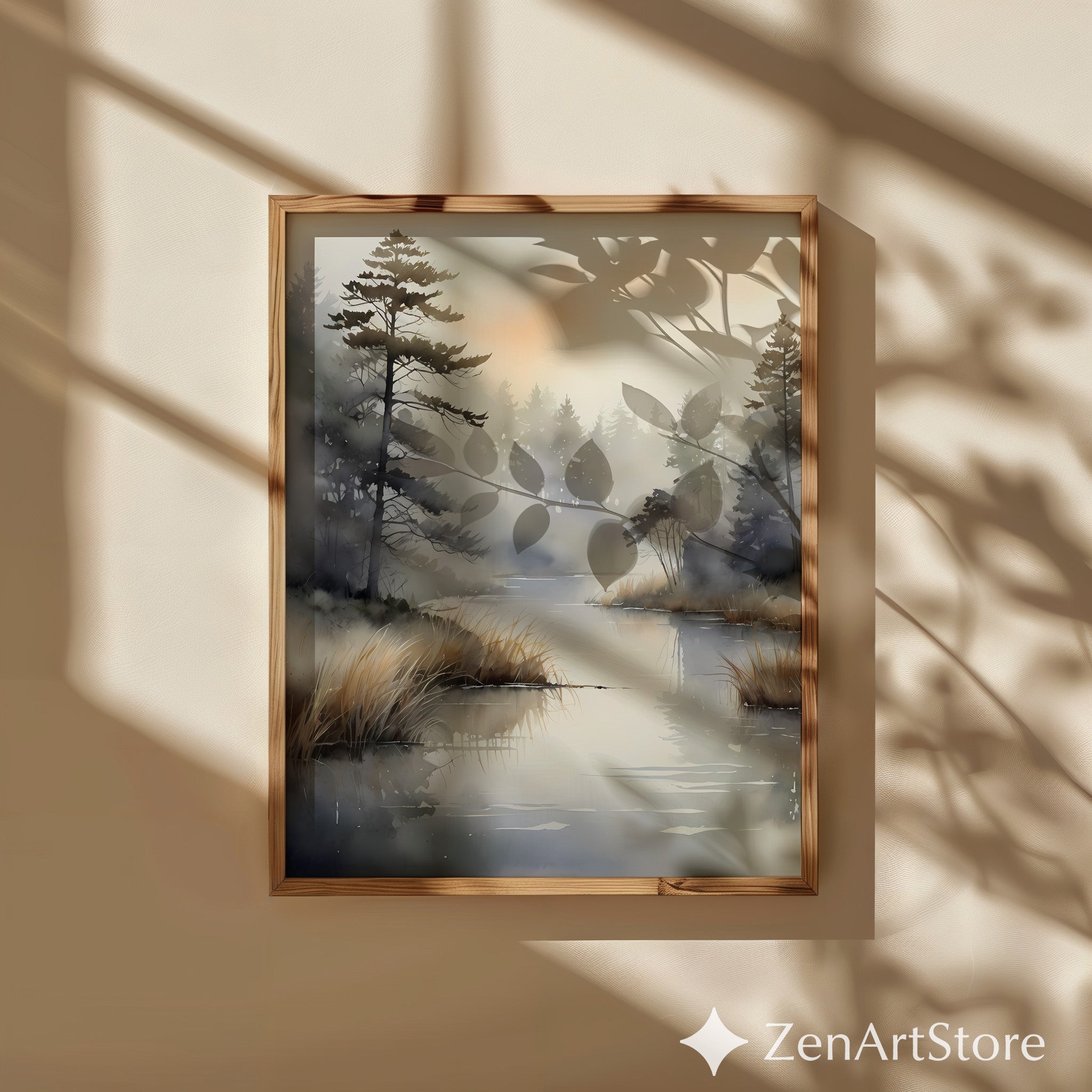 Misty Lake Watercolor Wall Art - Neutral Scandinavian Japandi Landscape Print for Calm Living Room Decor