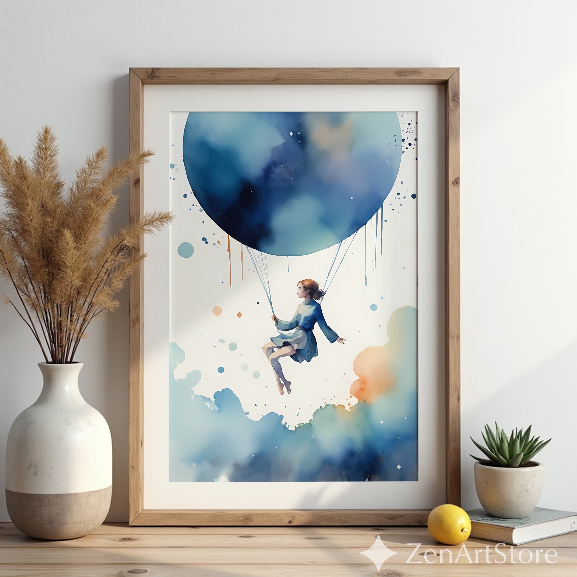 Dreamy Blue Balloon Girl Watercolor Print - Whimsical Minimal Wall Art for Nursery, Bedroom & Living Room