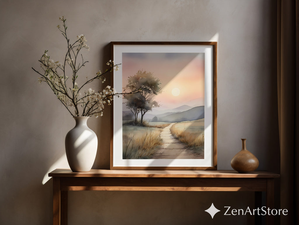 Serene Sunrise Path Watercolor Print - Minimal Neutral Landscape Wall Art for Living Room & Bedroom