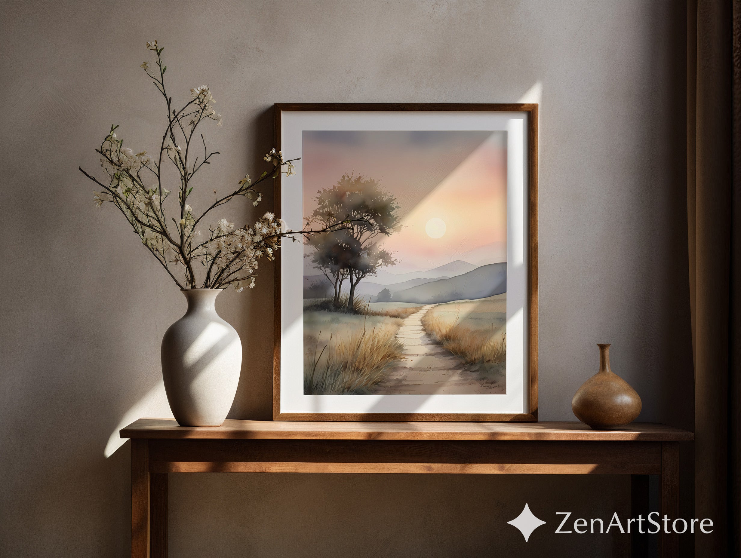 Serene Sunrise Path Watercolor Print - Minimal Neutral Landscape Wall Art for Living Room & Bedroom