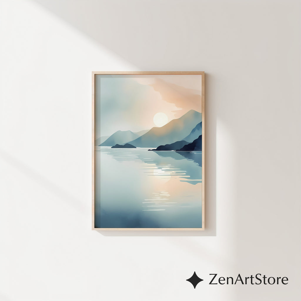 Minimalist Mountain Lake Sunrise Wall Art - Calming Japandi Landscape Print in Neutral Blue & Beige