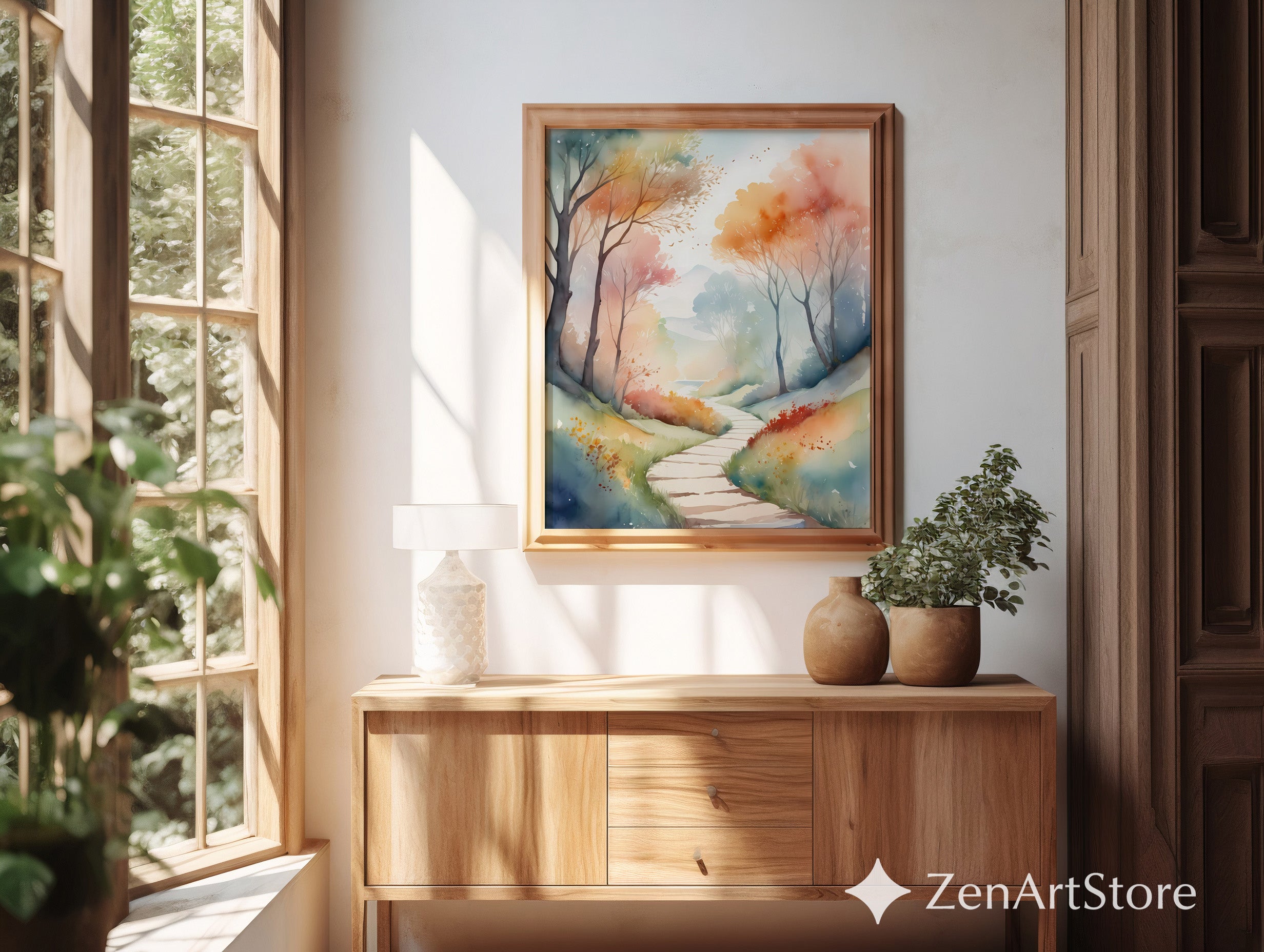 Dreamy Watercolor Pathway Wall Art - Pastel Forest Landscape Print, Autumn Zen Minimal Japandi Home Decor