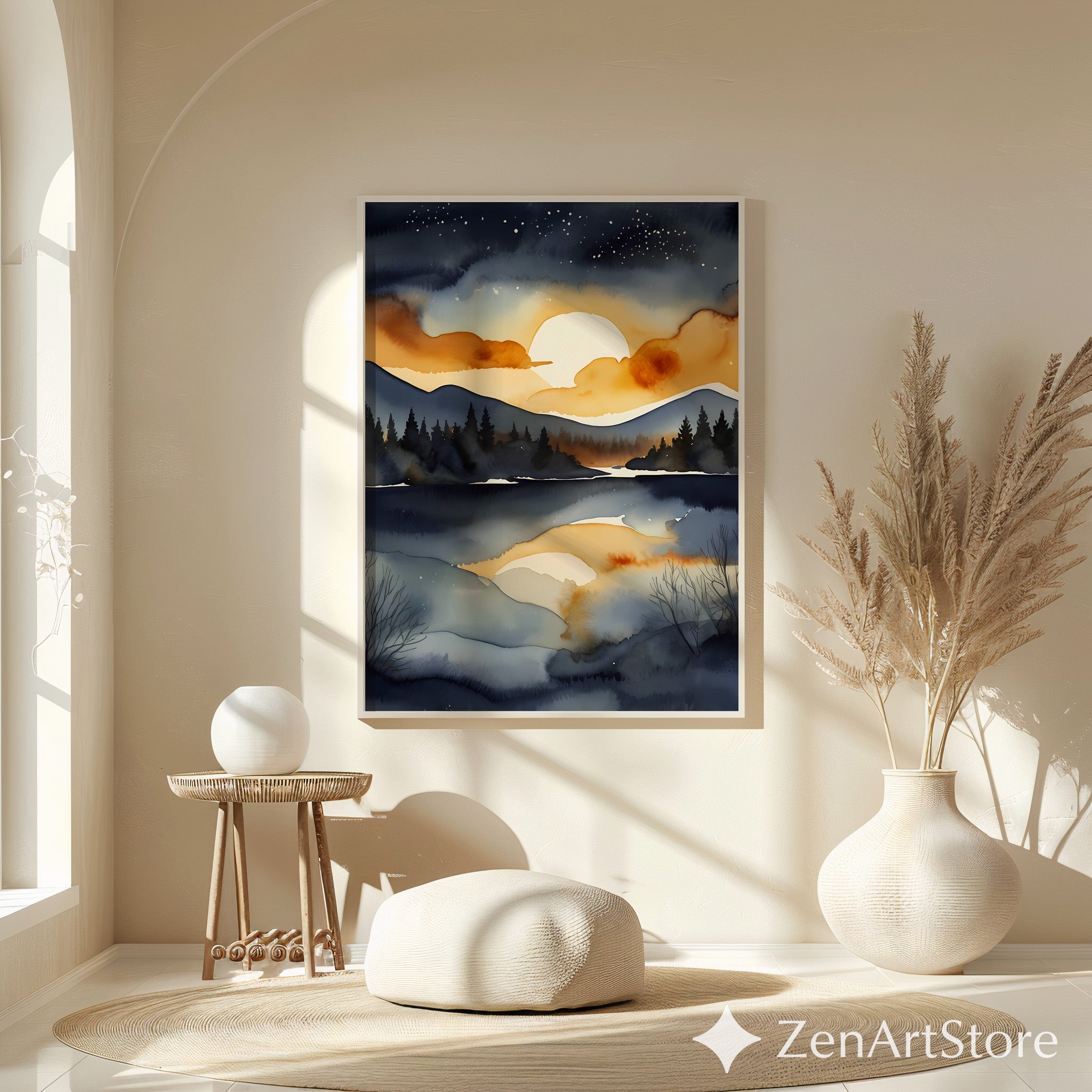 Serene Sunset Lake Watercolor Print - Moody Navy and Gold Mountain Landscape Wall Art