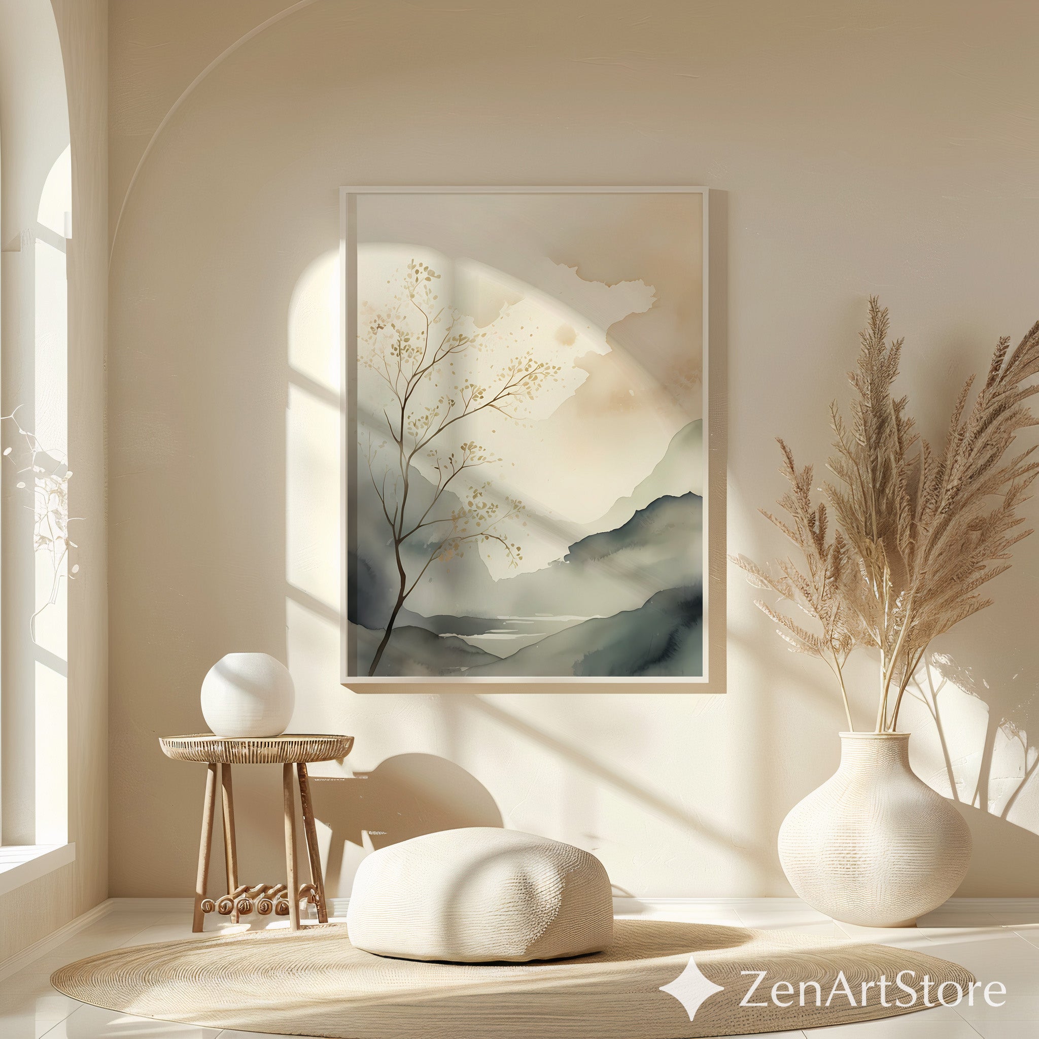 Calm Neutral Landscape Art Print - Minimal Japandi Wabi Sabi Botanical Wall Decor for Living Room & Bedroom