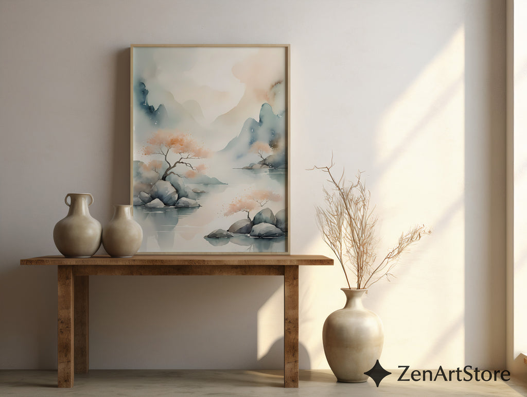 Serene Watercolor Landscape Print - Zen Japandi Wall Art, Minimal Mountain & Peach Tree Illustration for Living Room, Bedroom, Nursery