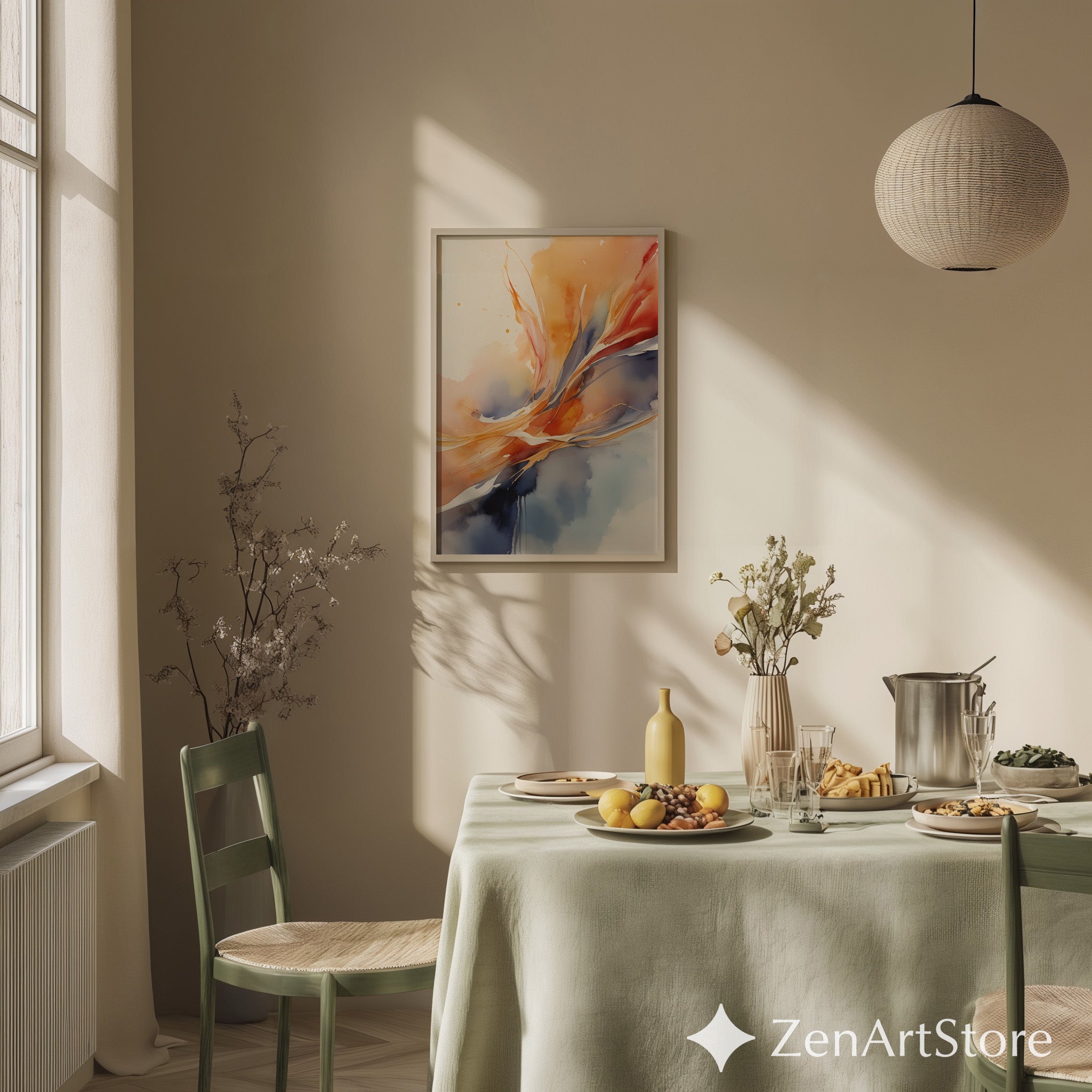 Warm Abstract Watercolor Wall Art - Orange Navy Minimalist Print for Living Room, Japandi Neutral Modern Home Decor