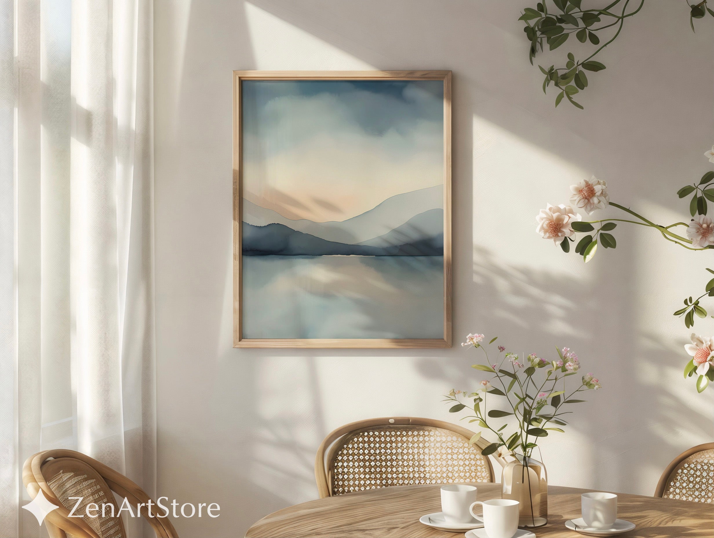 Zen Minimal Japanese Mountain Lake Printable Wall Art - Calm Abstract Landscape