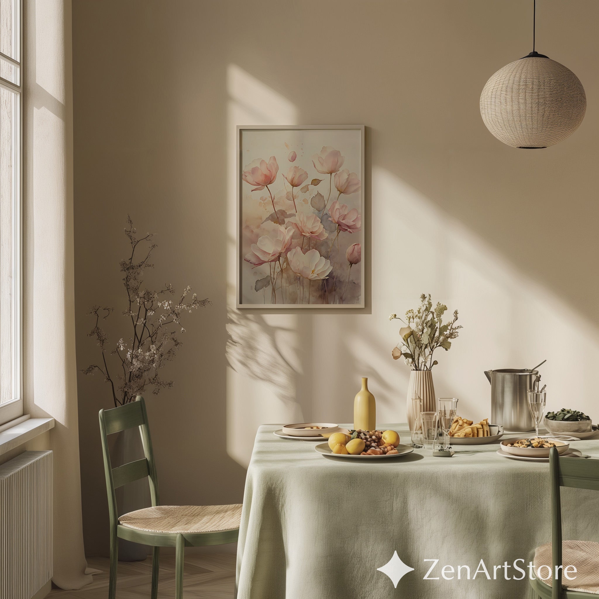 Blush Pink Floral Wall Art Print - Soft Watercolor Flowers Neutral Botanical Decor for Bedroom Living Room, Modern Japandi Minimal