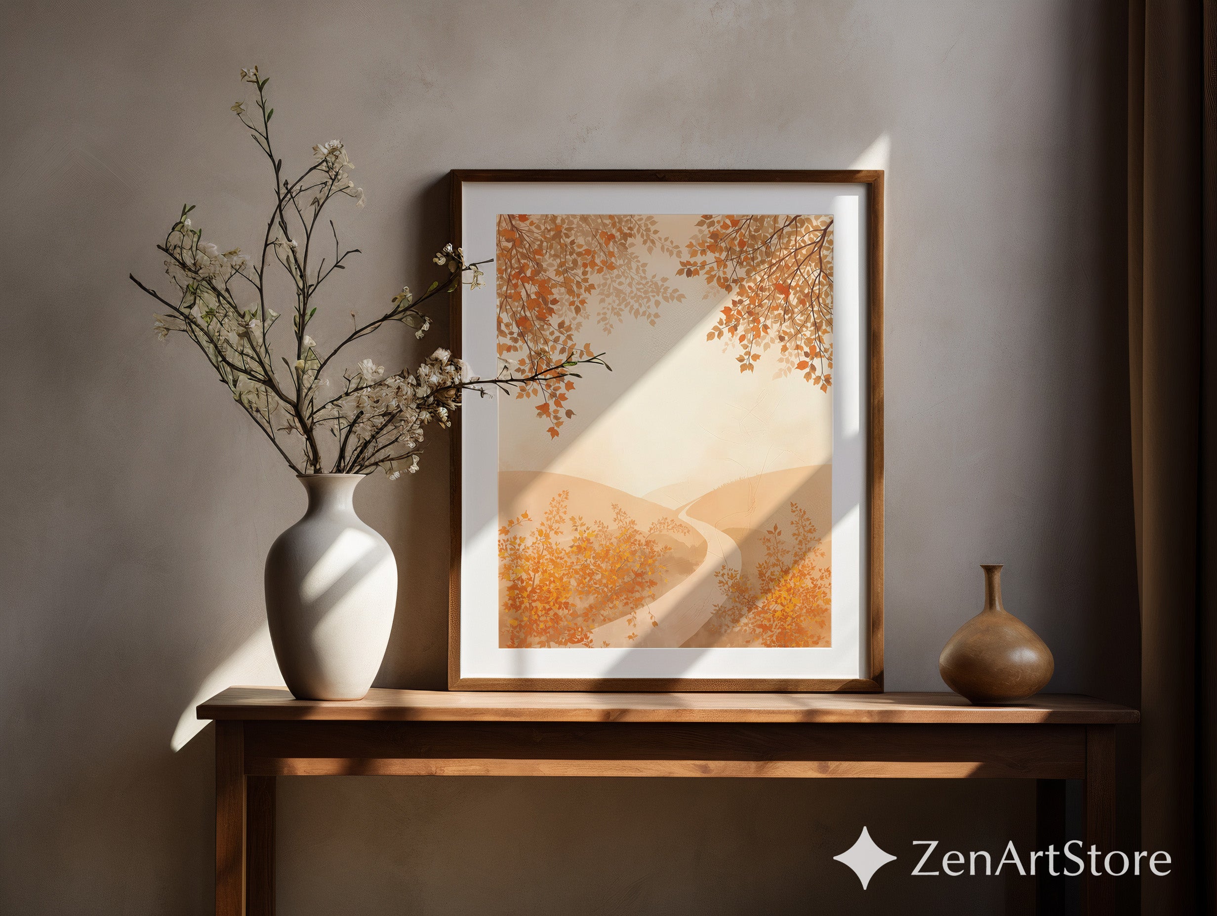 Autumn Pathway Neutral Wall Art - Minimal Beige Landscape Print for Japandi & Scandinavian Home Decor