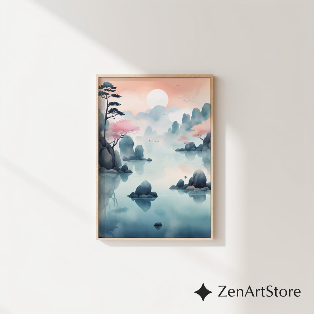 Serene Pastel Mountain Lake Wall Art - Zen Japandi Landscape Print, Printable & Canvas