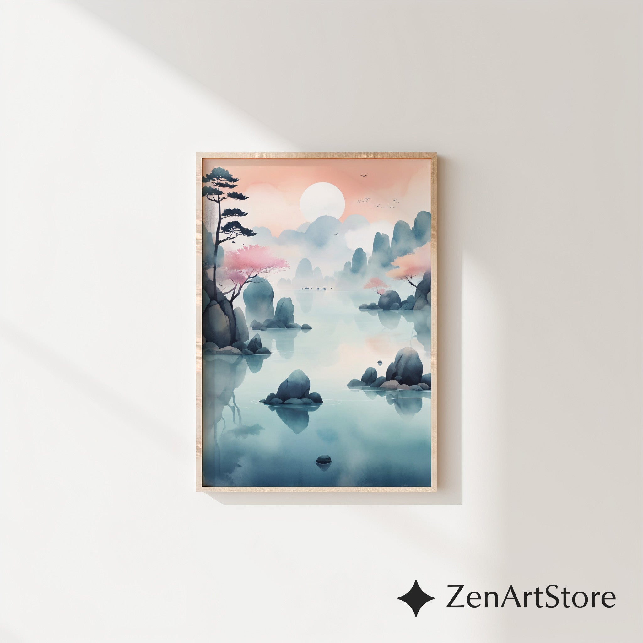 Serene Pastel Mountain Lake Wall Art - Zen Japandi Landscape Print, Printable & Canvas