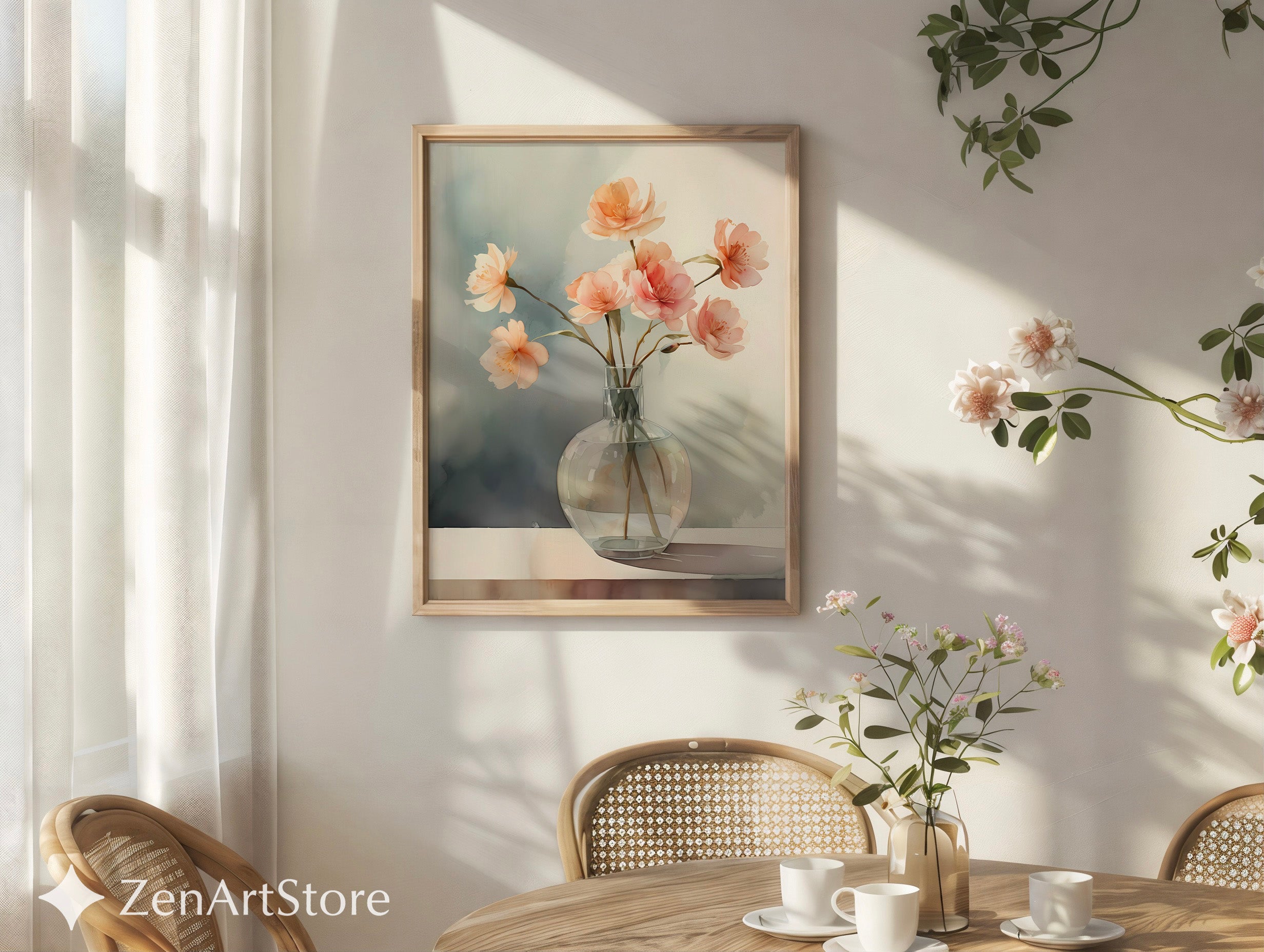 Soft Peach Floral Vase Print - Minimal Botanical Wall Art for Japandi & Scandinavian Neutral Home Decor