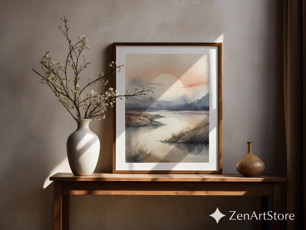 Serene Sunrise Watercolor Landscape Print - Neutral Japandi Minimal Wall Art for Living Room