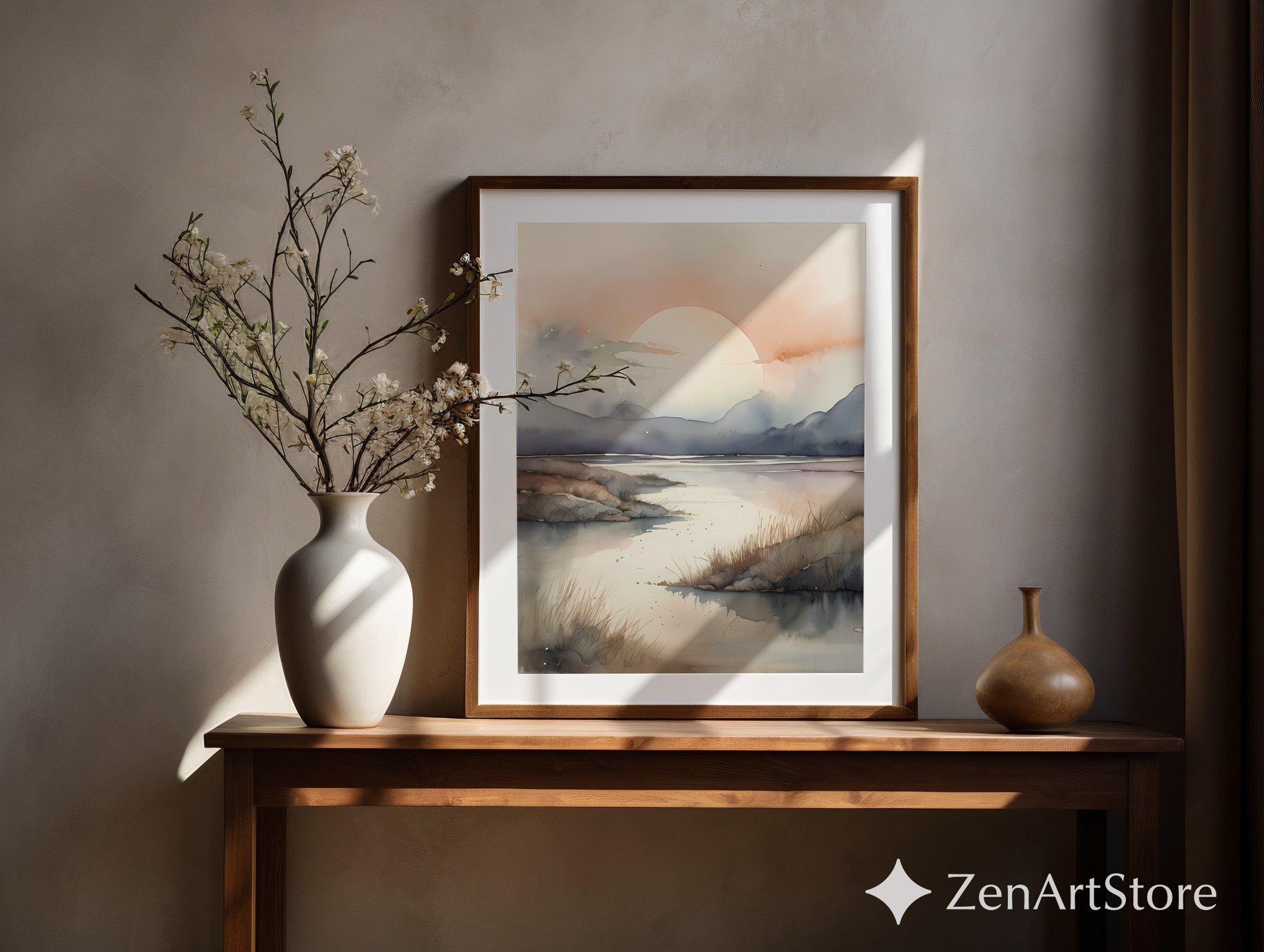 Serene Sunrise Watercolor Landscape Print - Neutral Japandi Minimal Wall Art for Living Room