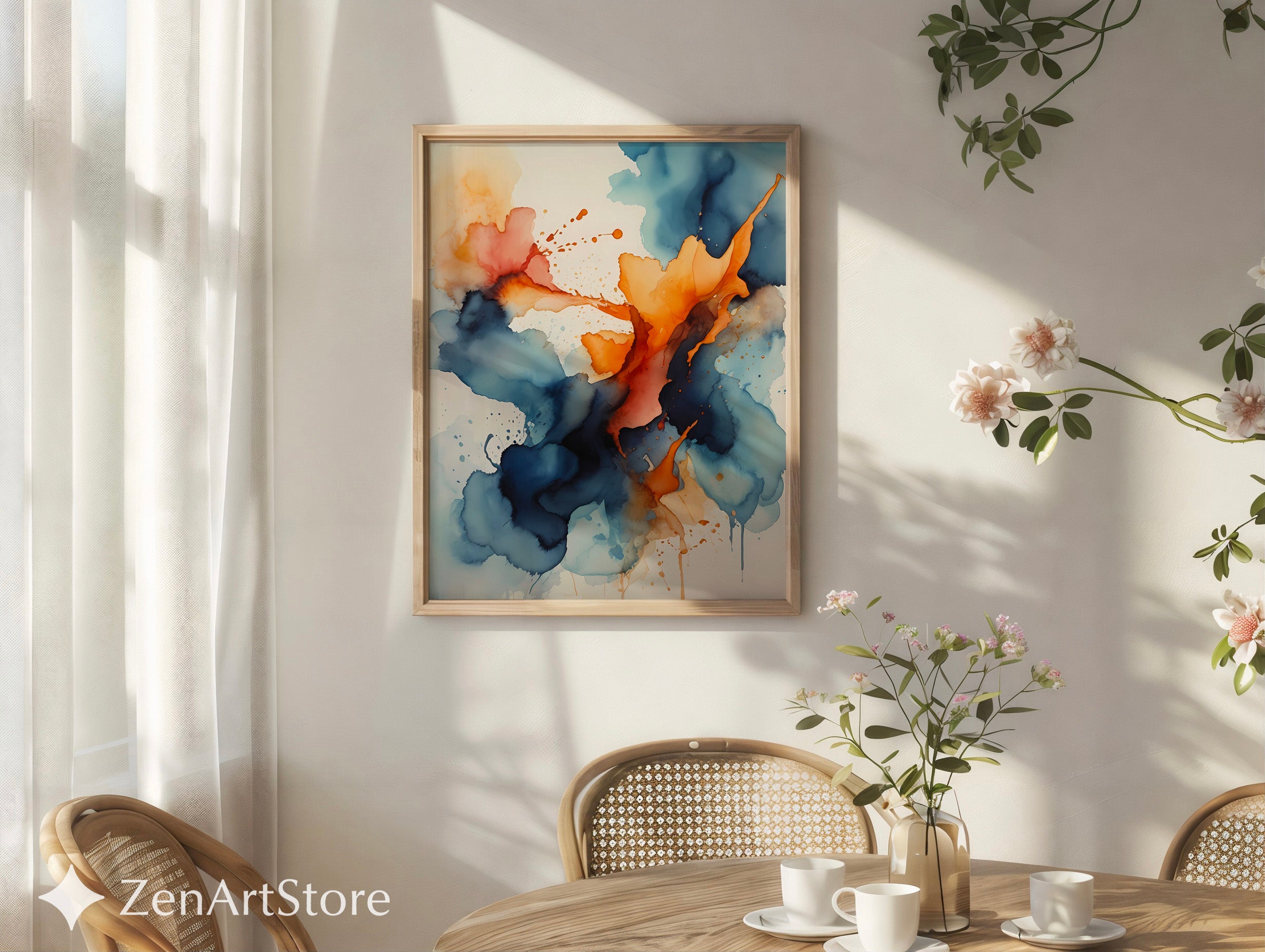 Abstract Navy & Orange Wall Art - Modern Alcohol Ink Print, Large Blue Orange Canvas, Minimal Japandi Home Decor