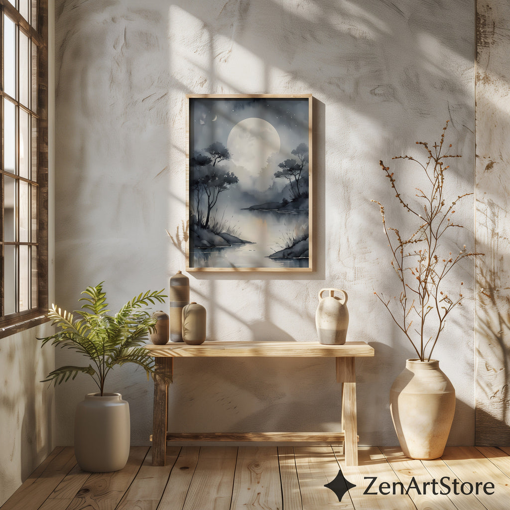 Moonlit Lake Wall Art Print - Serene Minimalist Moon Landscape, Grayscale Japandi Zen Home Decor