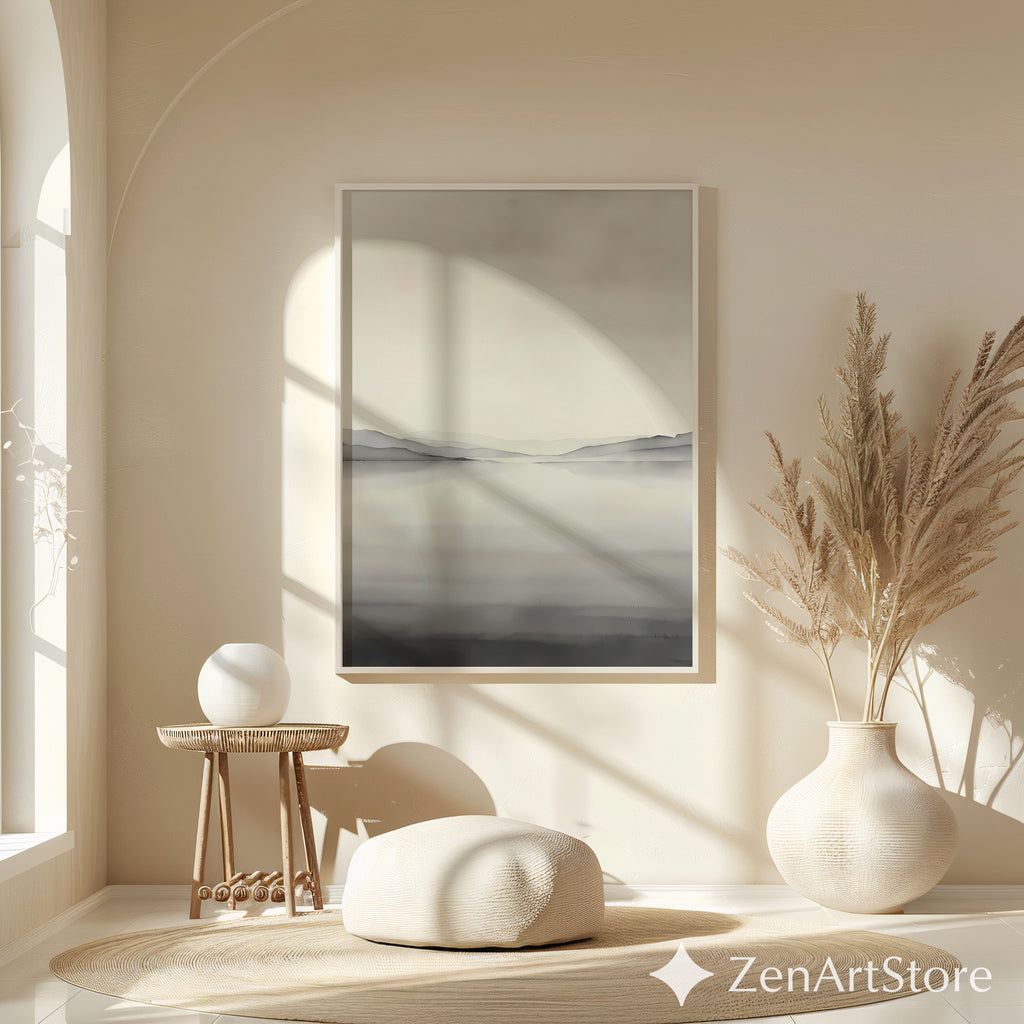 Minimal Neutral Landscape Wall Art - Misty Lake with Layered Hills - Japandi Scandinavian Zen Print for Living Room Bedroom