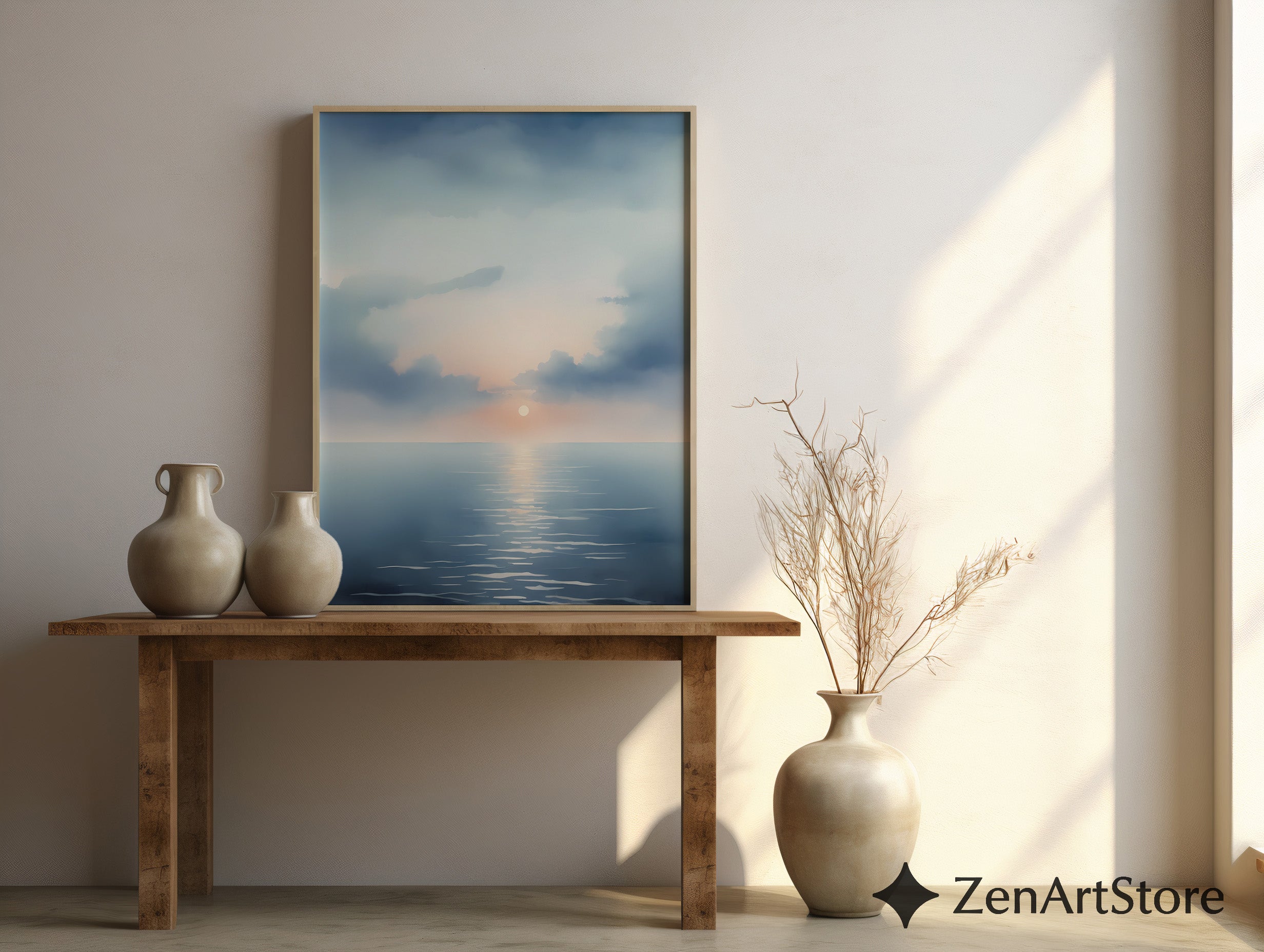 Serene Seascape Sunrise Wall Art - Minimal Ocean Print in Blue & Peach, Zen Japandi Coastal Canvas or Printable