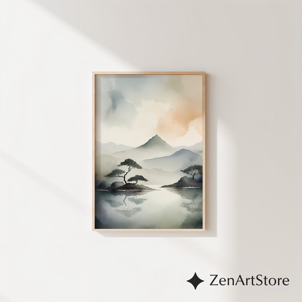 Zen Minimal Watercolor Mountain Print - Japandi Neutral Landscape Wall Art for Living Room