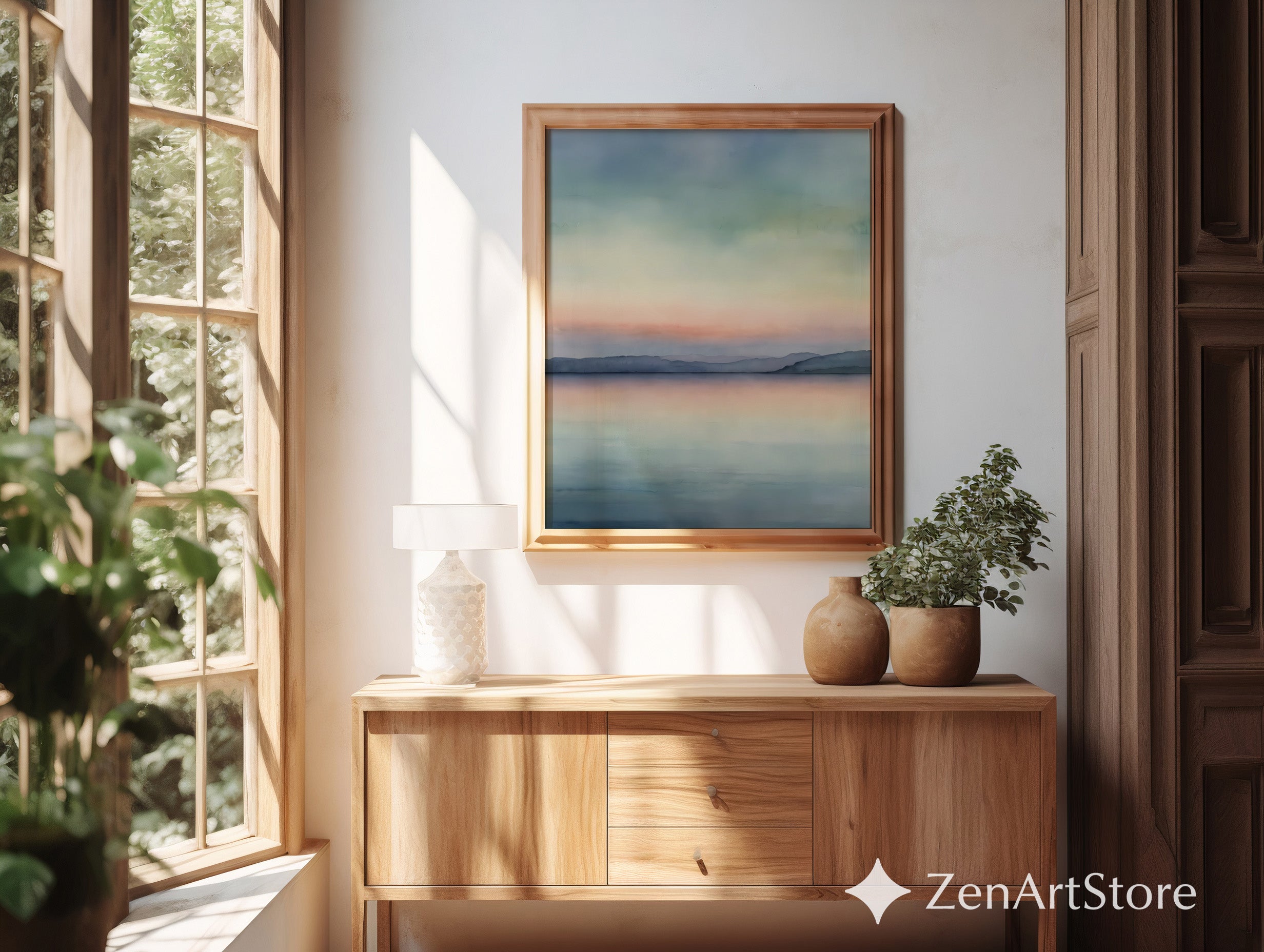 Serene Pastel Lake Sunset Minimal Landscape Art Print - Calm Japandi Wall Decor