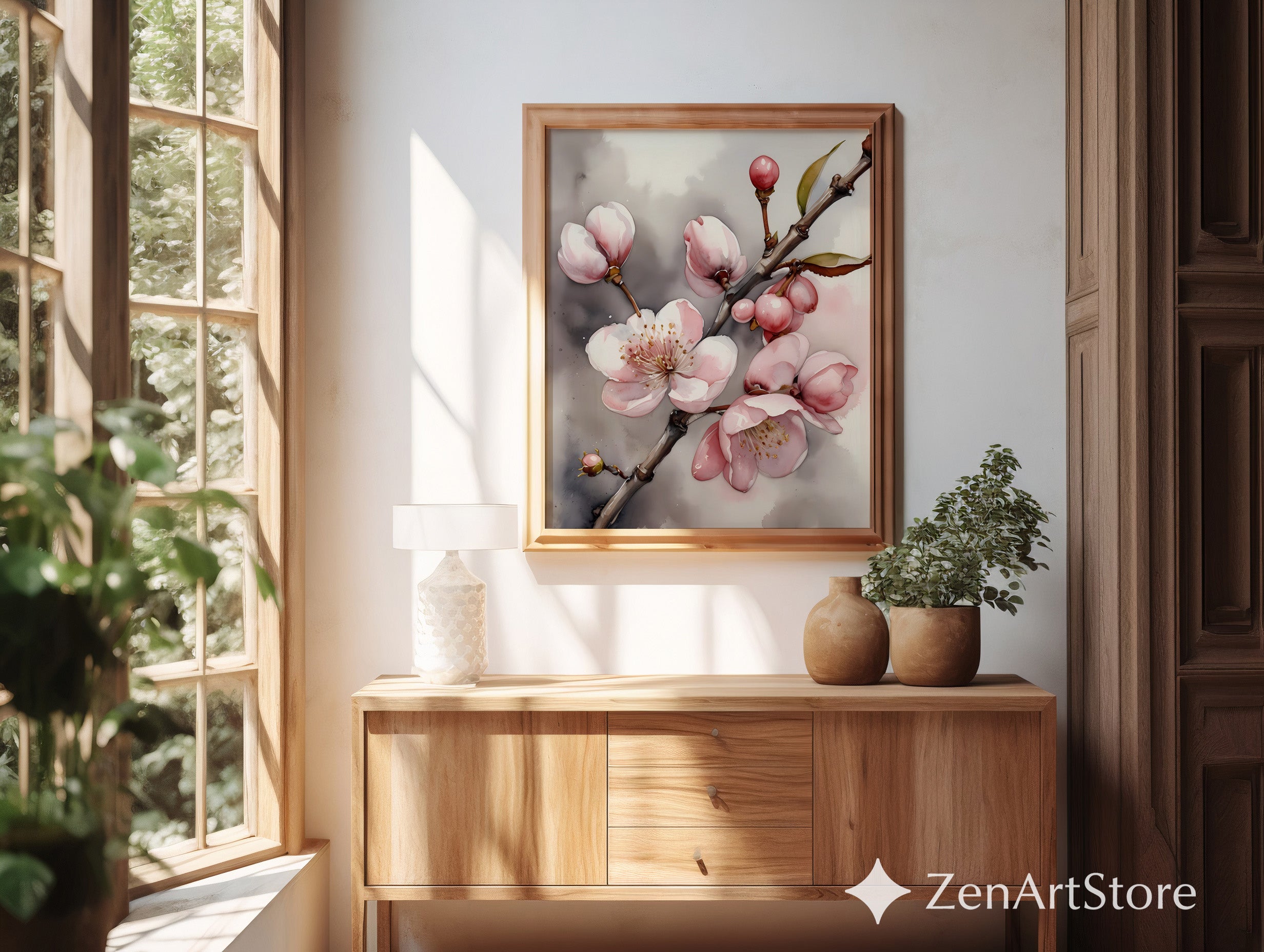 Soft Pink Cherry Blossom Wall Art - Botanical Watercolor Print, Japandi Minimal Floral Home Decor, Neutral Blush Botanical Print